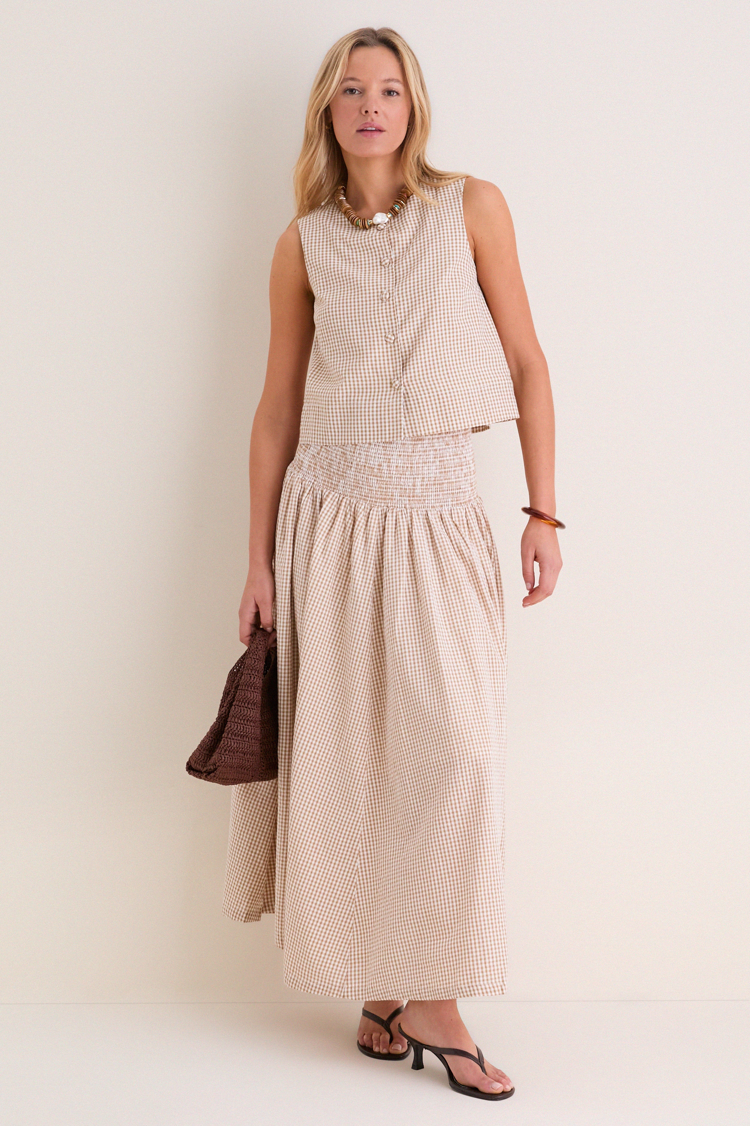 Cafe Check Button Front Wide Hem Top