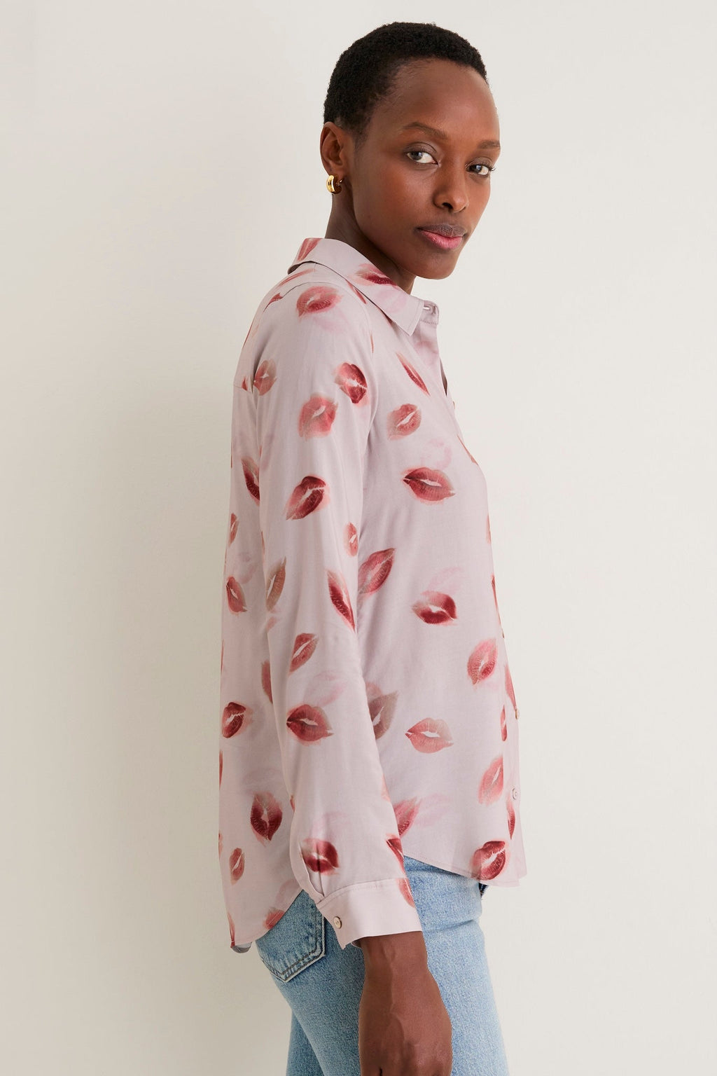 Taupe and Dark Red Kiss Holly Long Sleeve Blouse