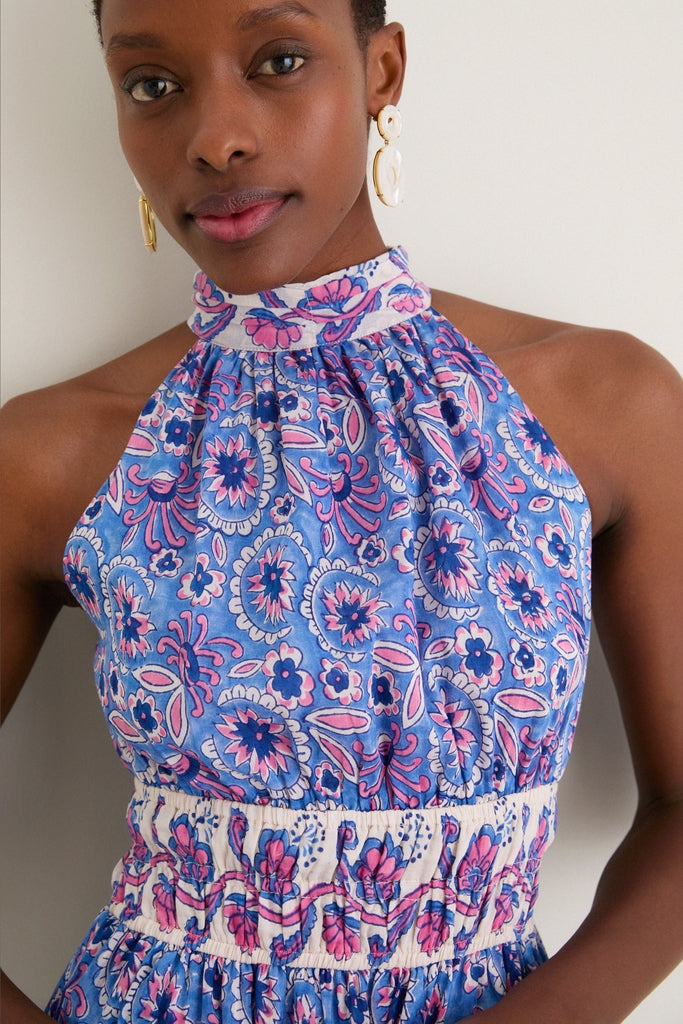Blue with Pink Flowers Bella Halter Maxi Dress
