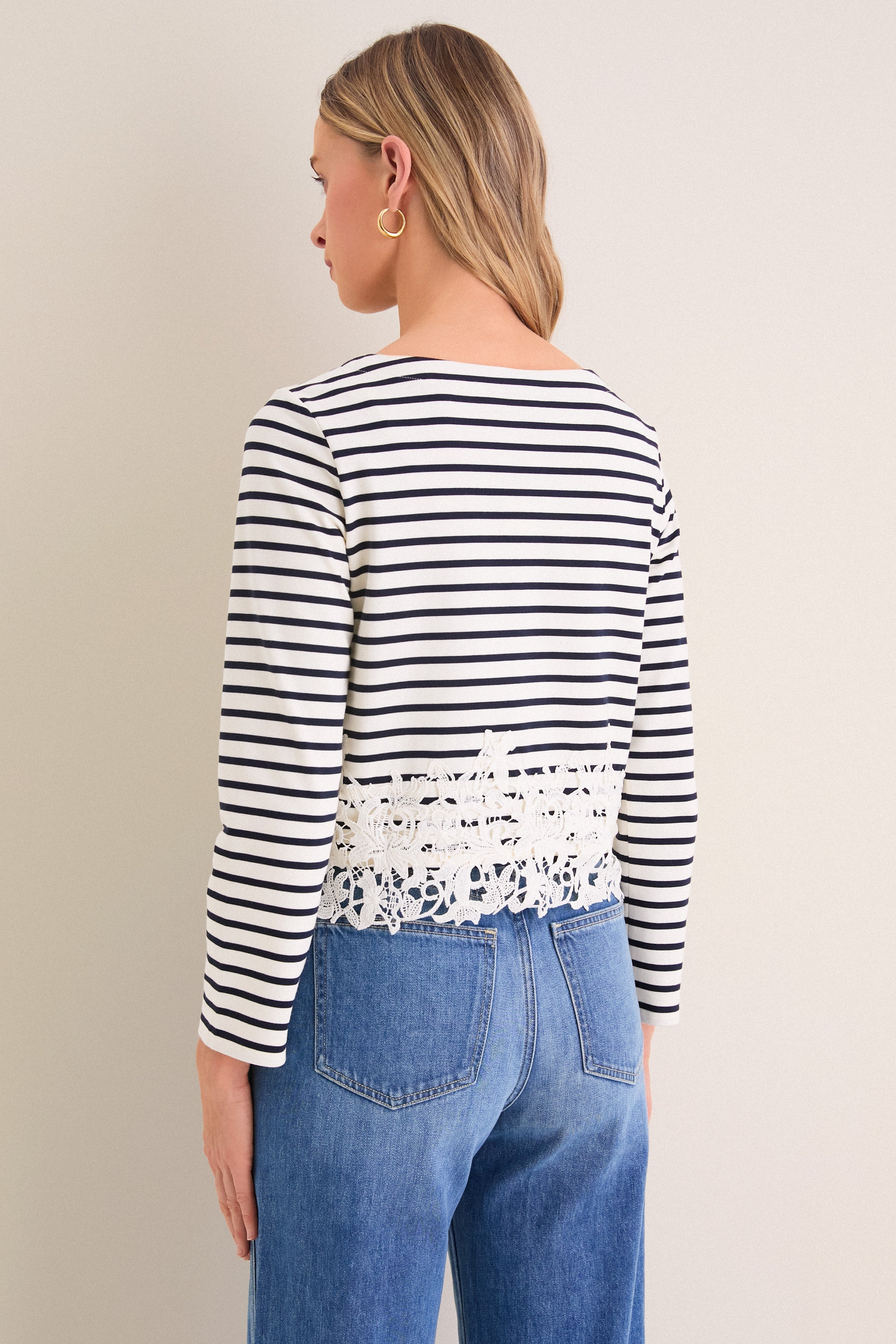Dove and Navy Stripe Hovey Top with Lace