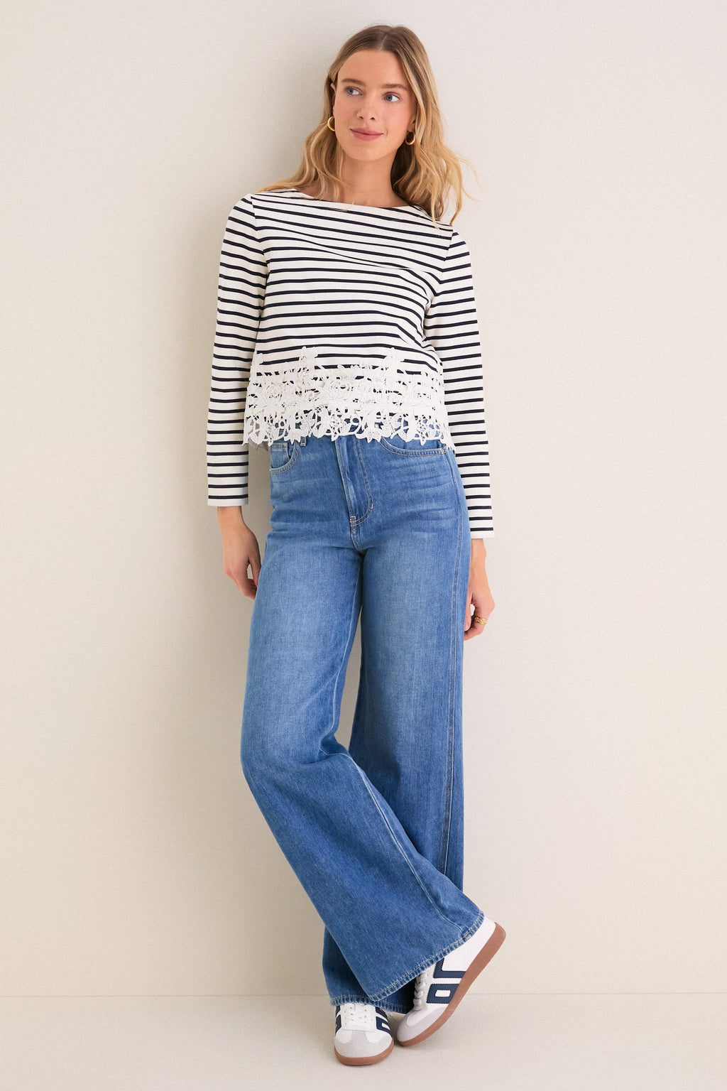 Dove and Navy Stripe Hovey Top with Lace