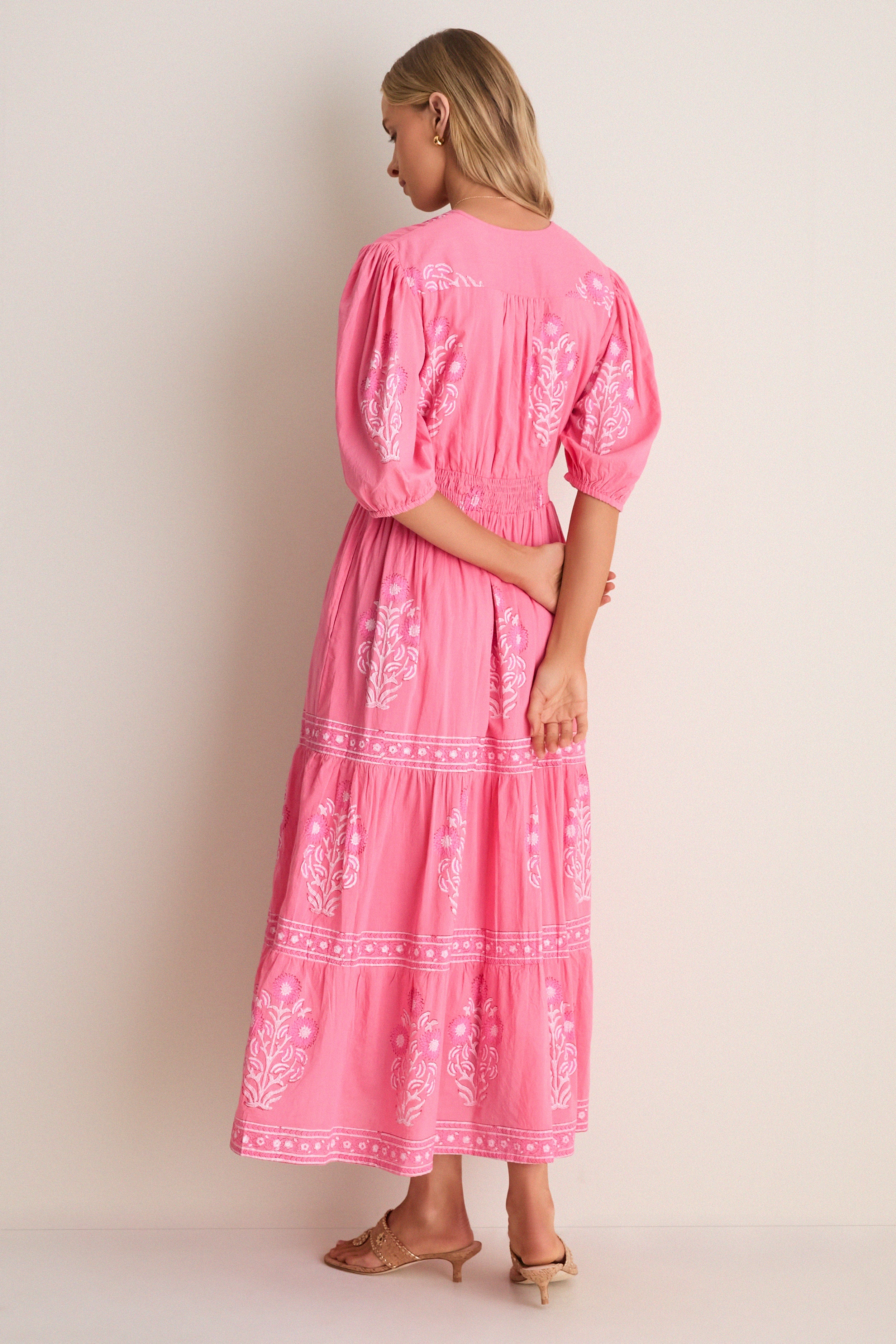 Raton Pink V-Neck Puffed Sleeve Maxi Dress
