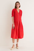 Red Alberte Solid Puff Sleeve Dress