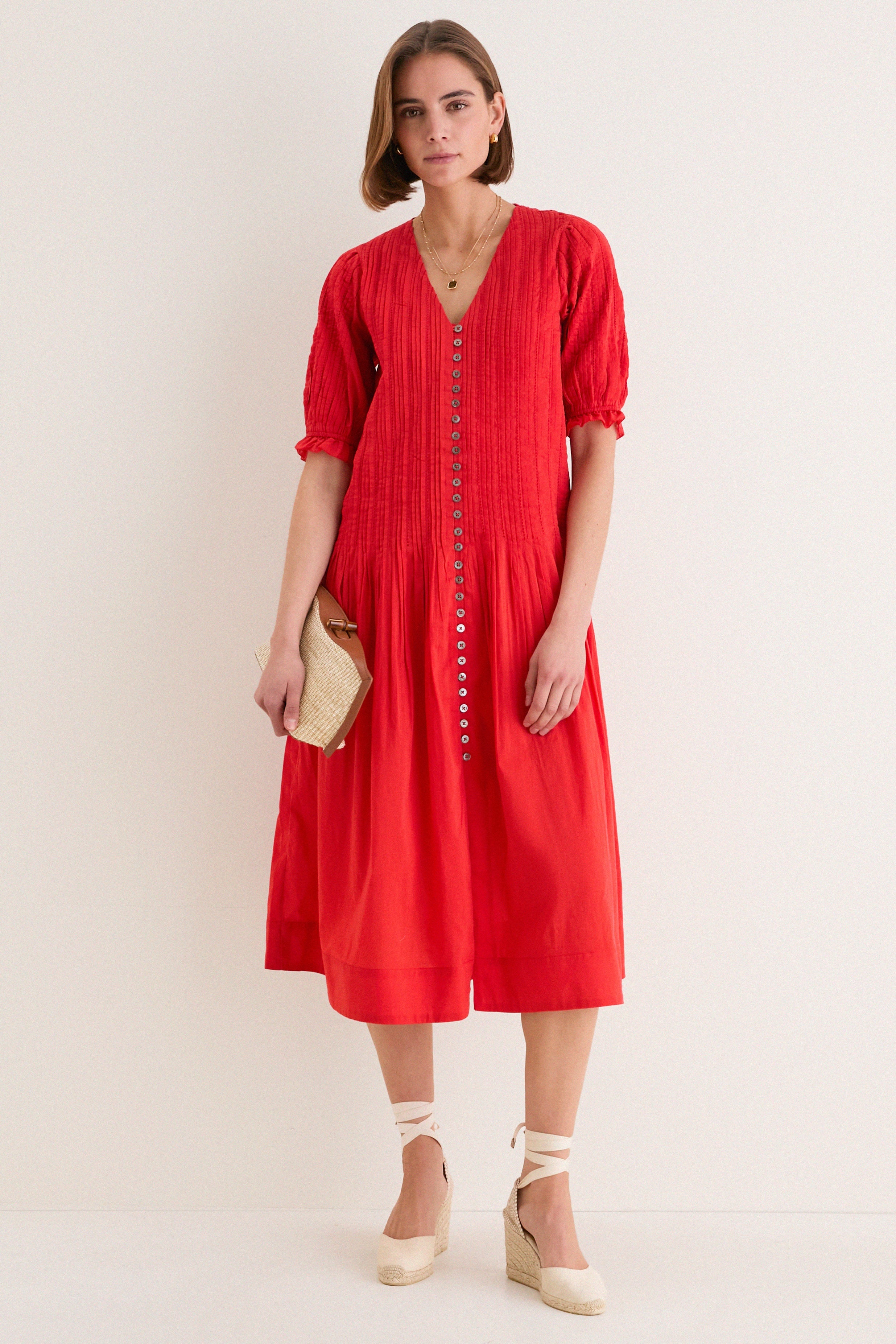 Red Alberte Solid Puff Sleeve Dress
