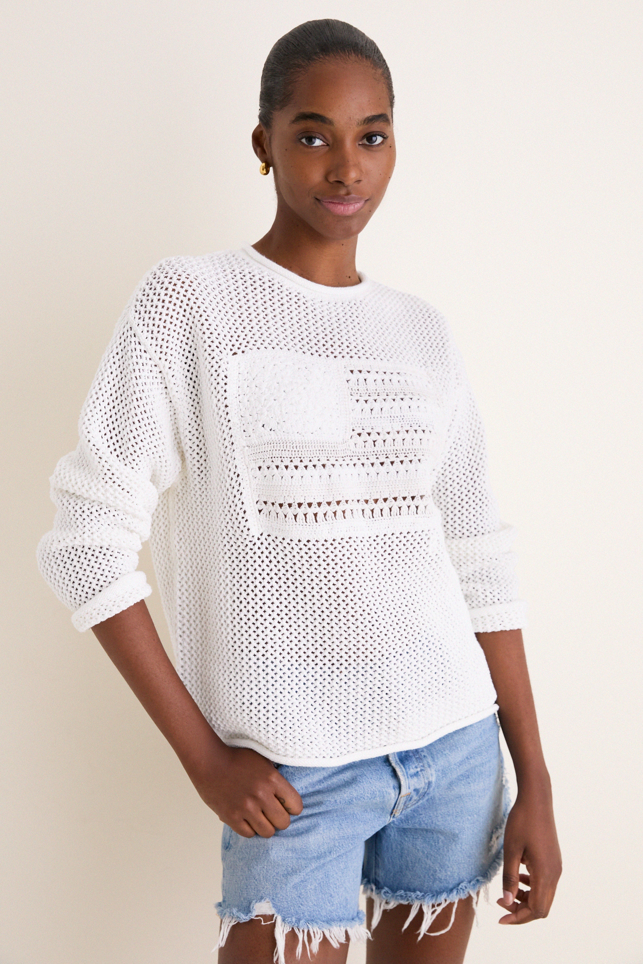 White Multi American Flag Crew Neck Sweater
