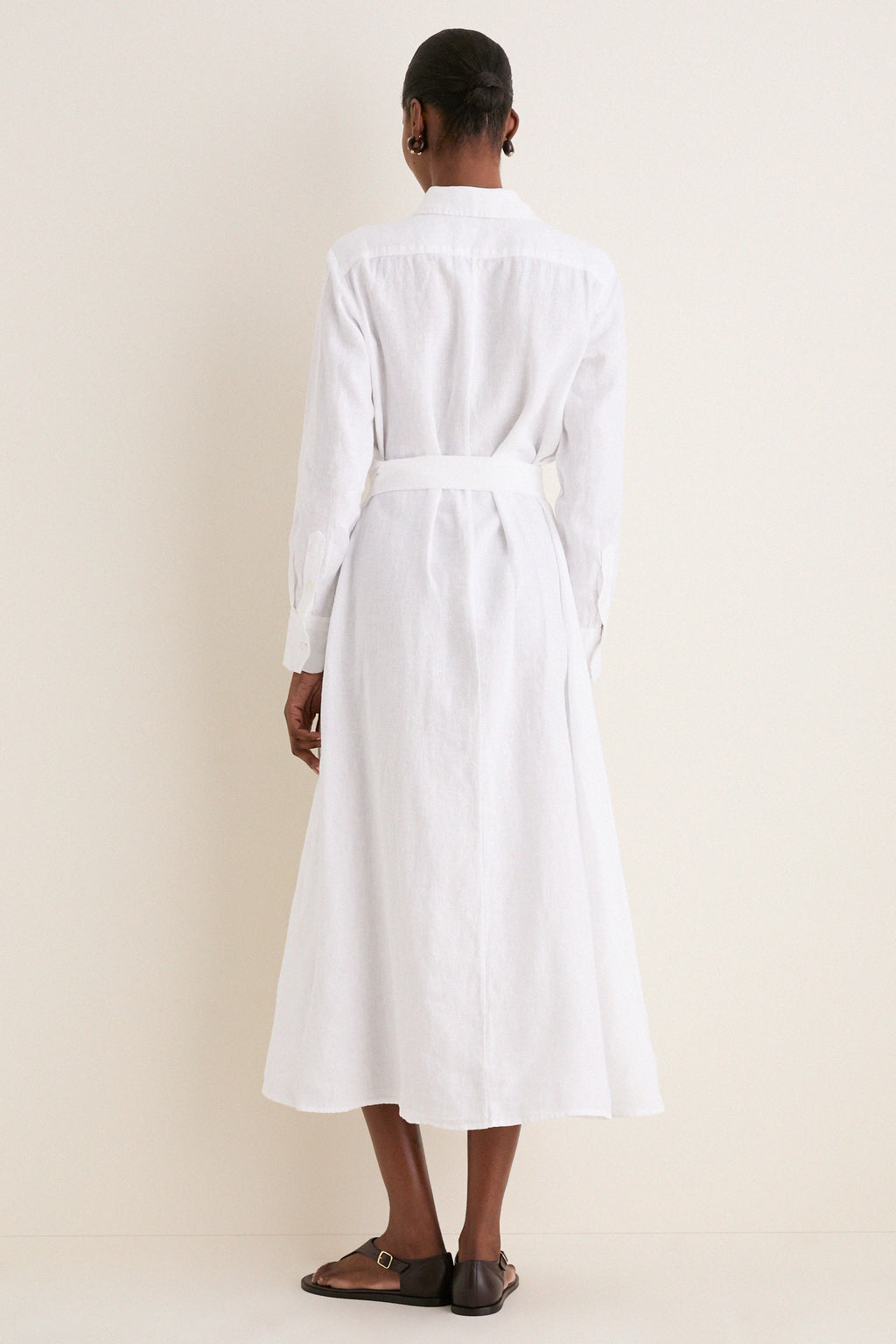 White Linen Woven Collared Long Sleeve Dress