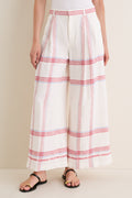 Cream and Red Multi Linen Standard Wide Leg Pants