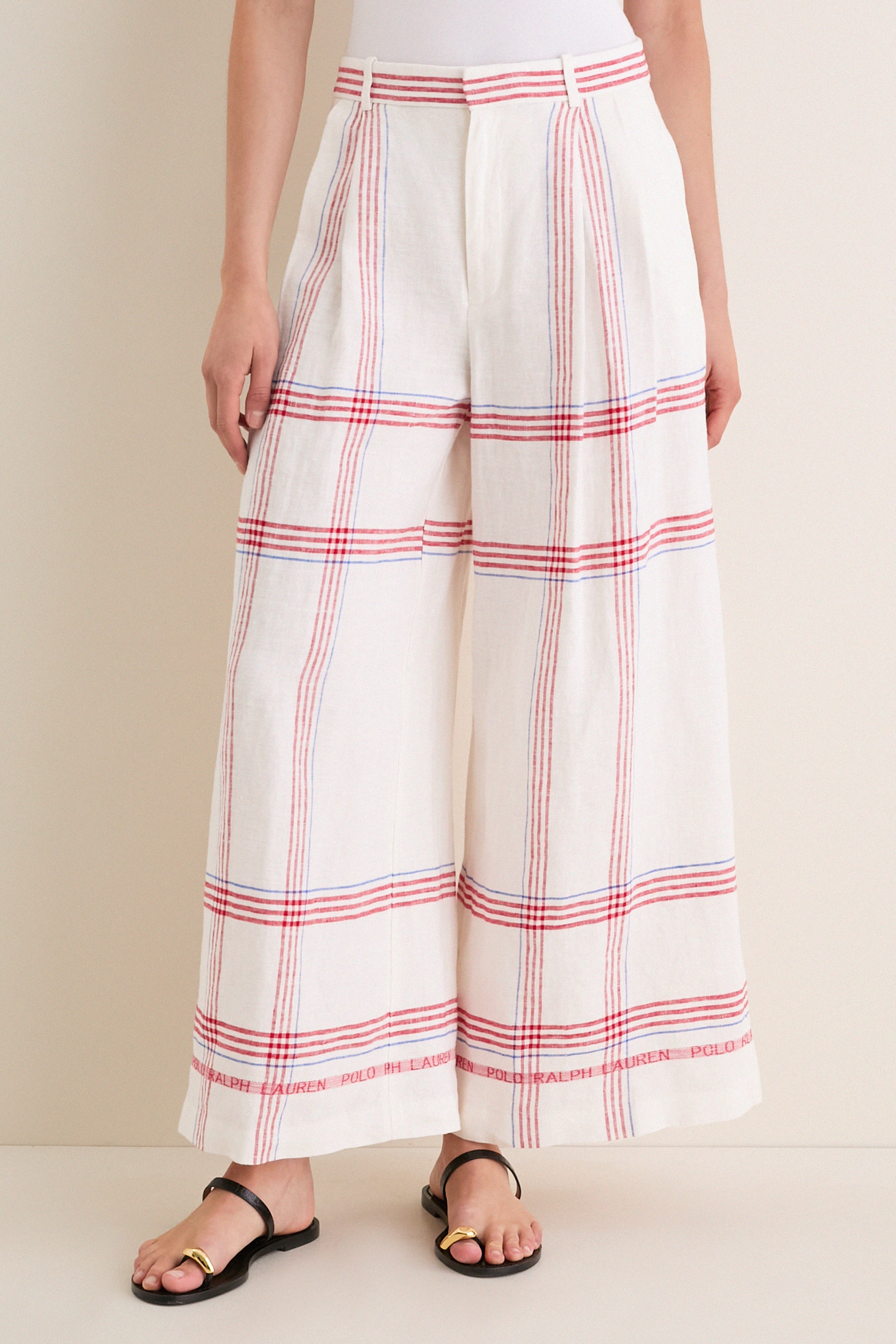 Cream and Red Multi Linen Standard Wide Leg Pants