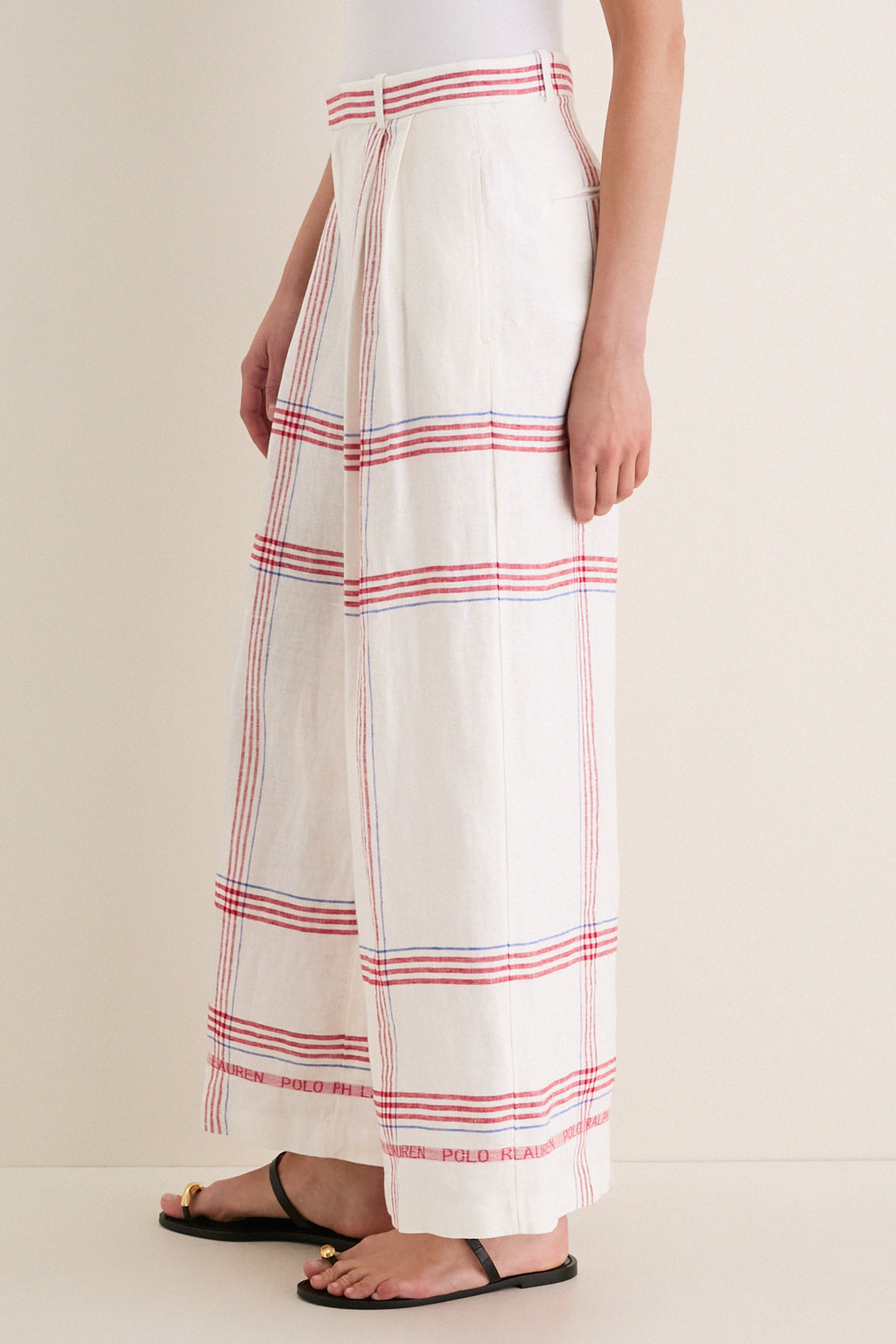 Cream and Red Multi Linen Standard Wide Leg Pants
