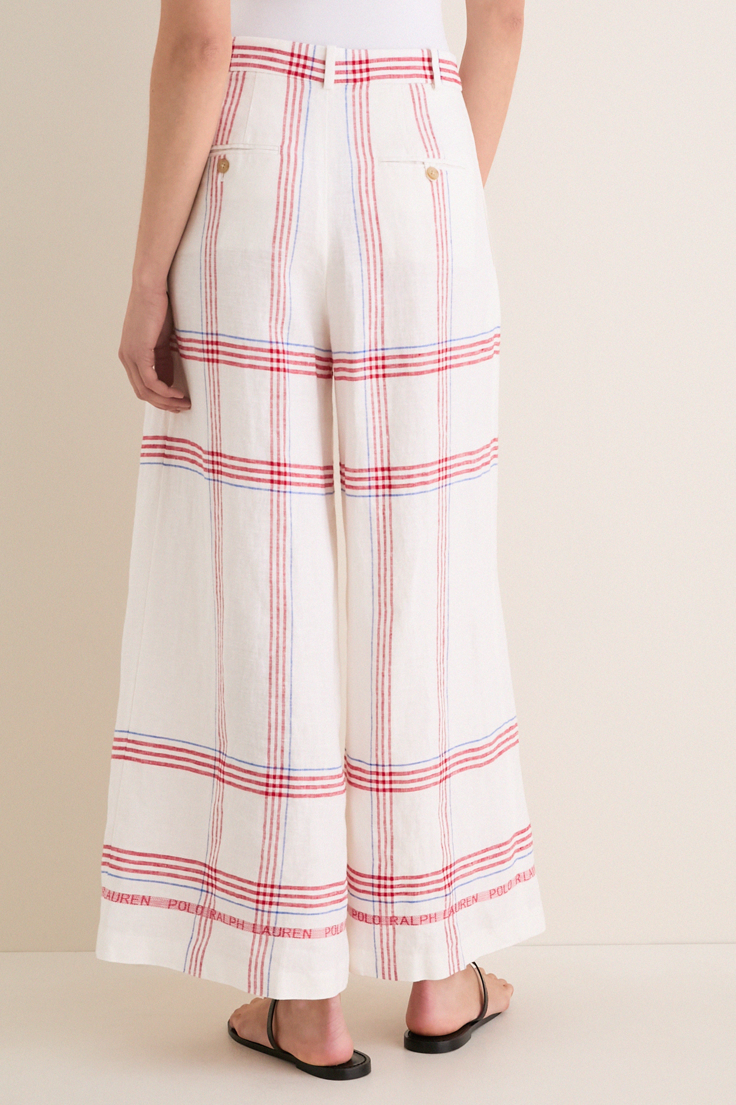 Cream and Red Multi Linen Standard Wide Leg Pants