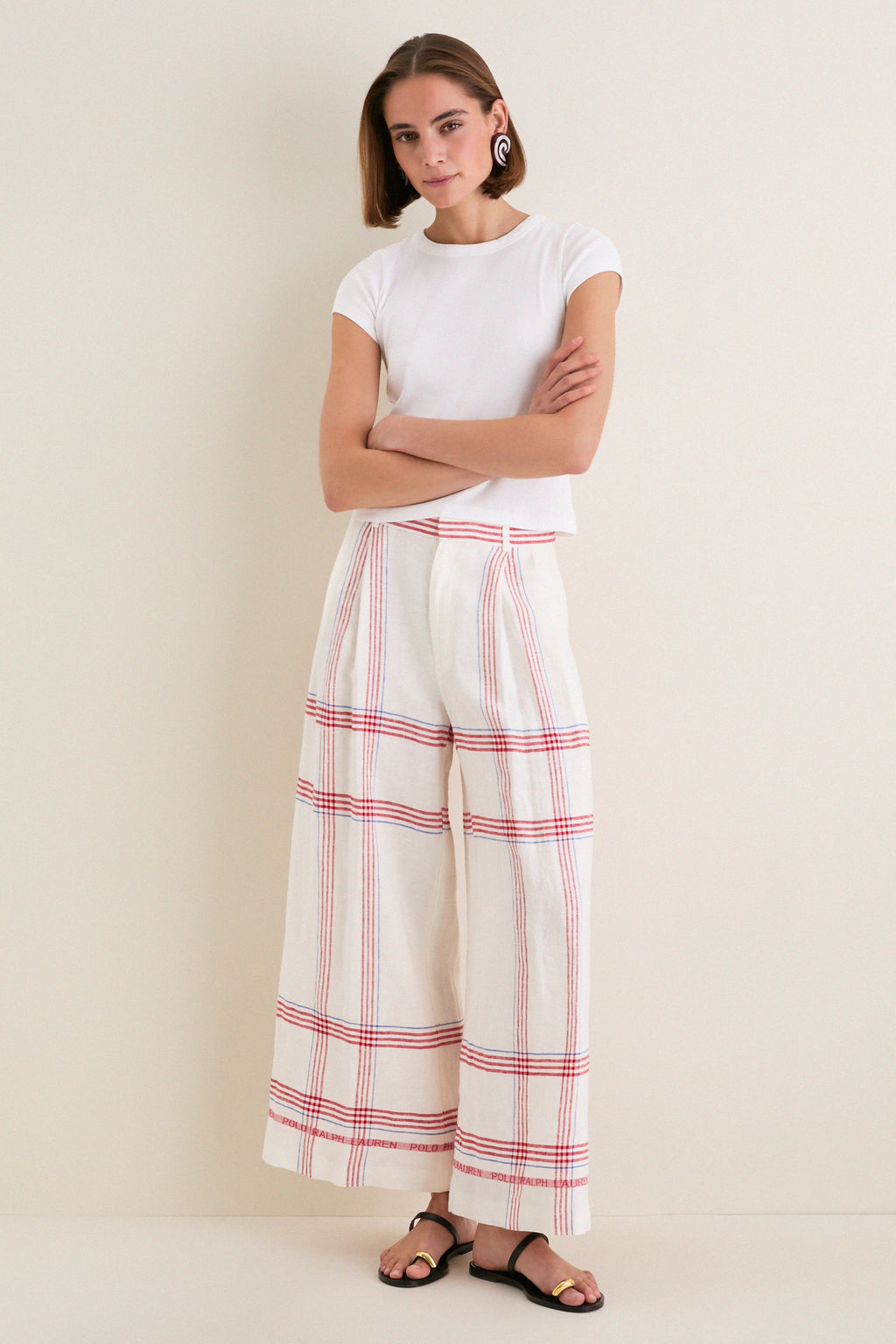 Cream and Red Multi Linen Standard Wide Leg Pants