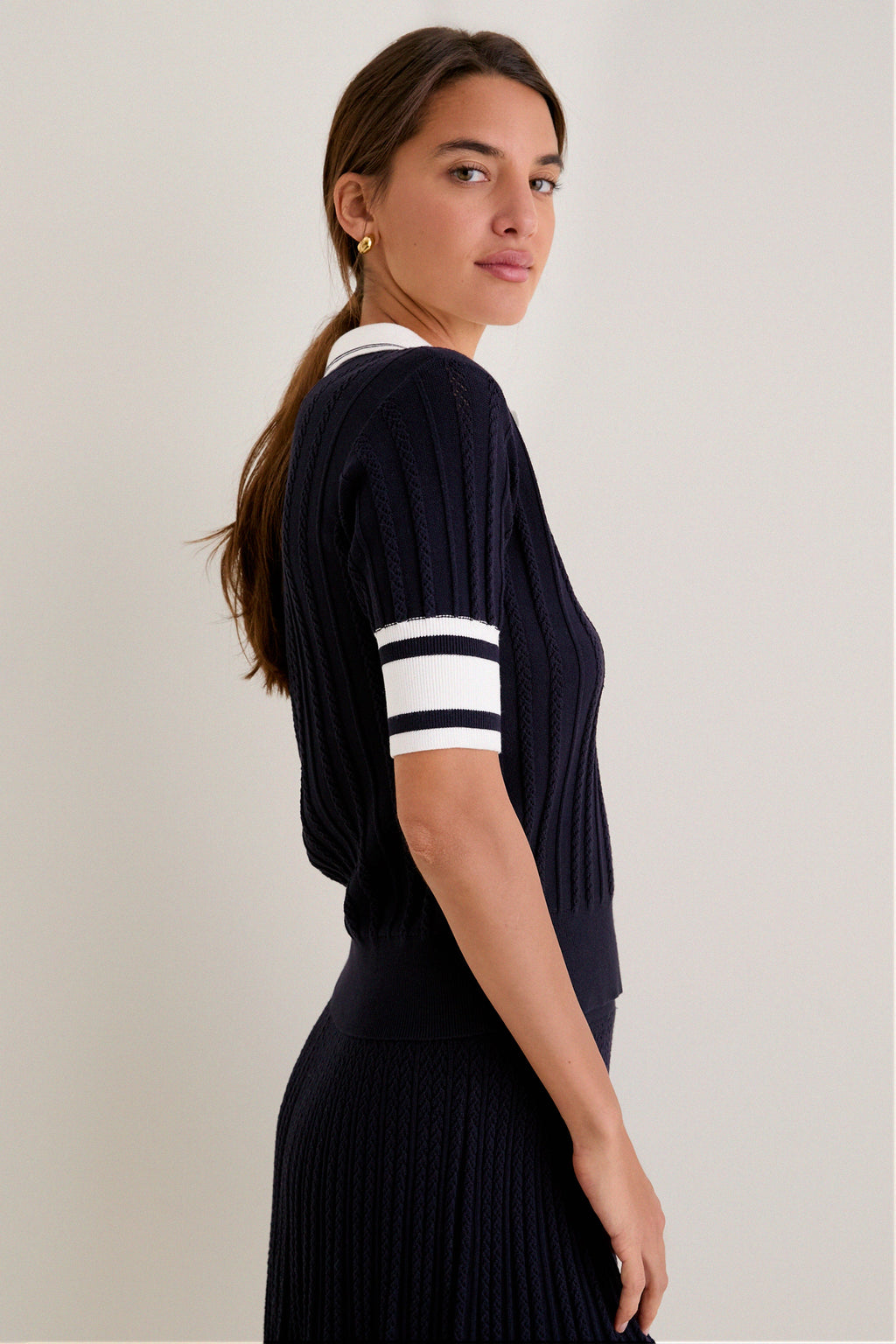 Navy and White Patty Pointelle Knit Sweater Polo