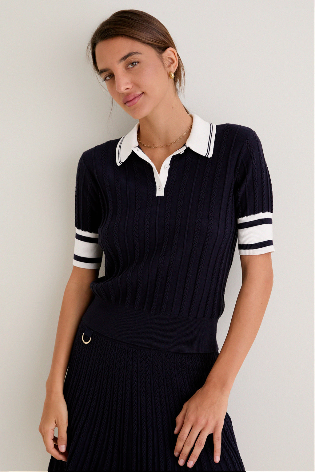 Navy and White Patty Pointelle Knit Sweater Polo
