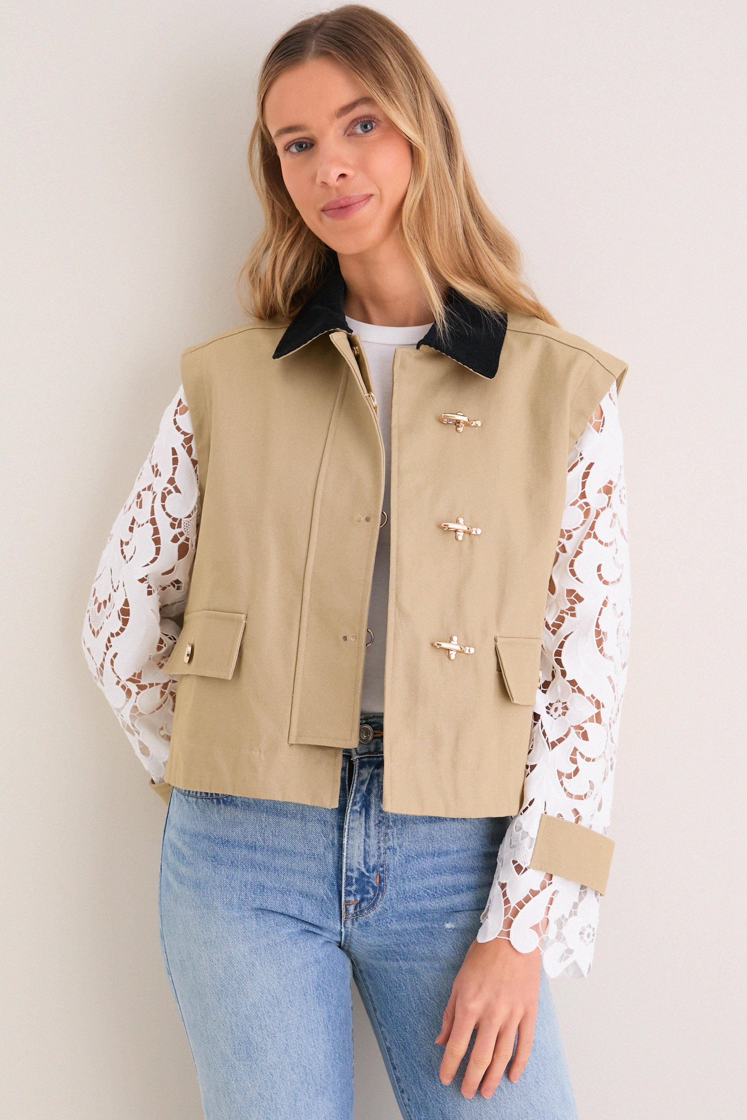Khaki with Lace Sleeves Clarisse Jacket
