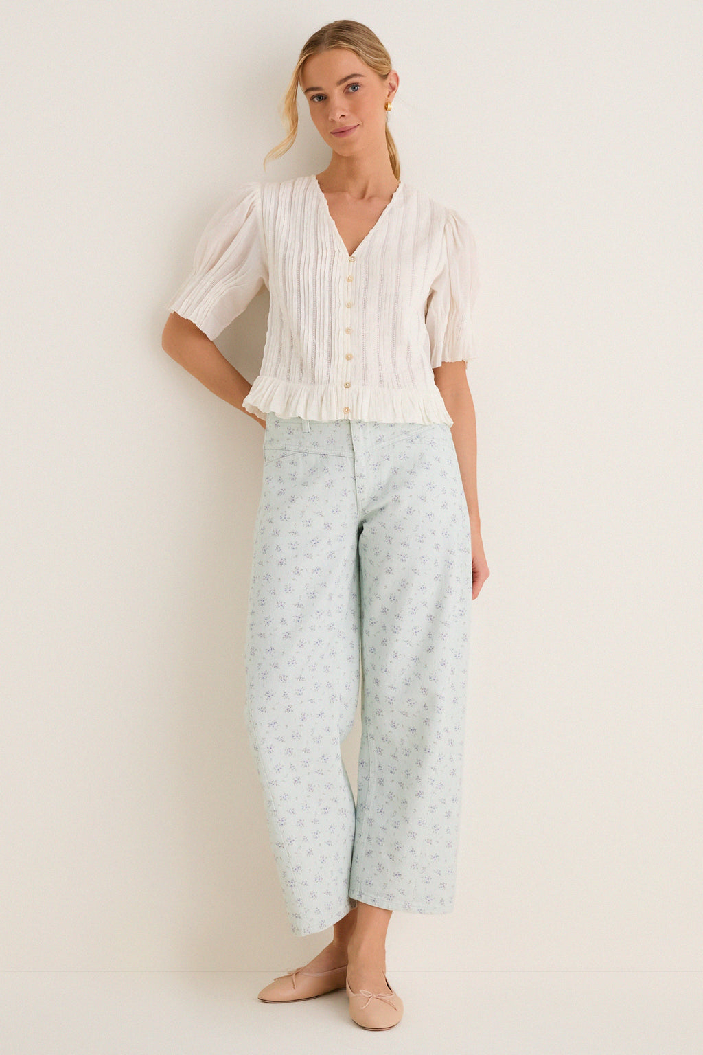 Minty Floral Mid Rise Selena Crop Jean