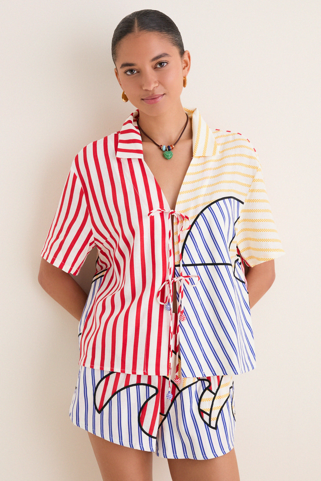 Navy Stripes Off-White Tie Front Blouse