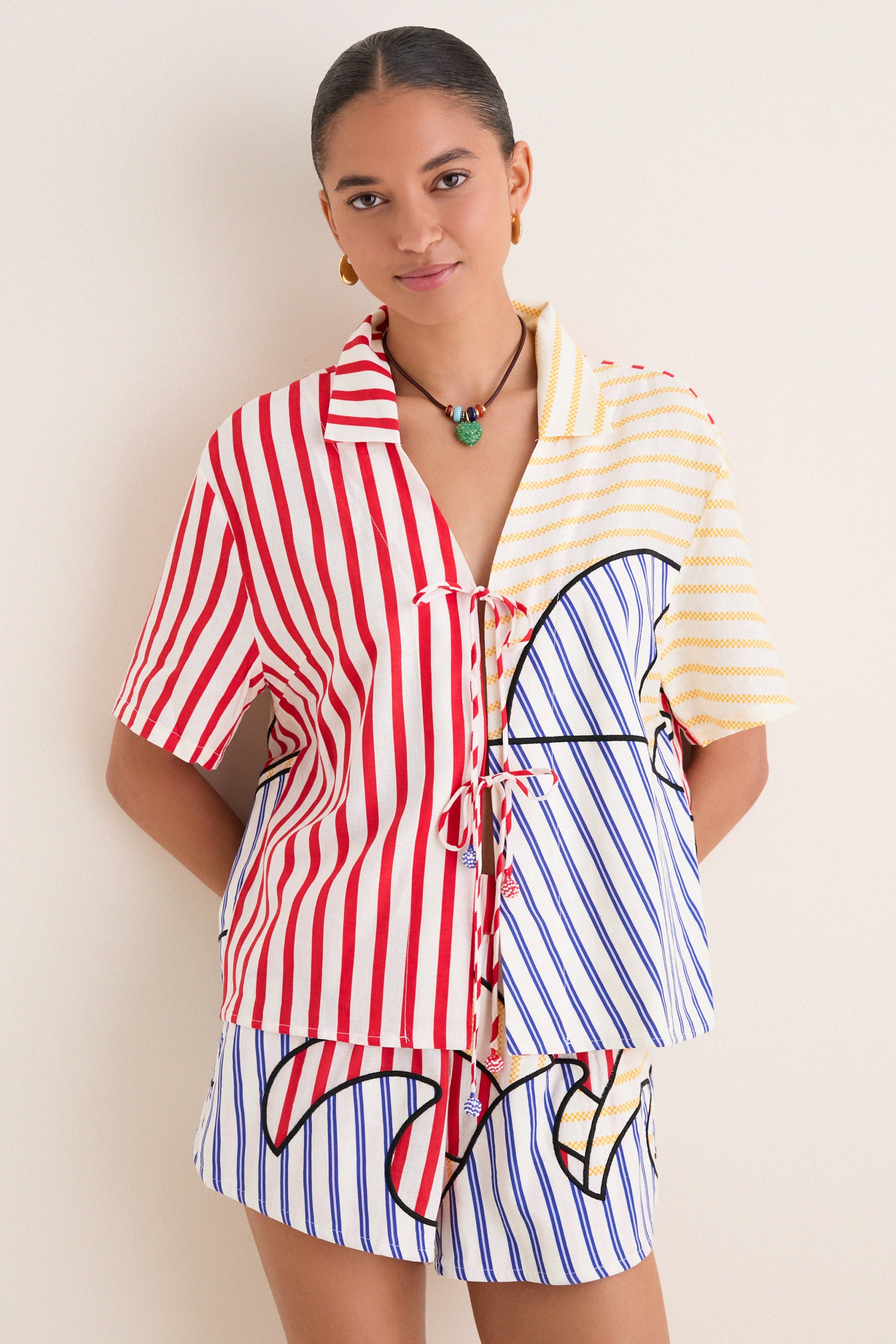 Navy Stripes Off-White Tie Front Blouse