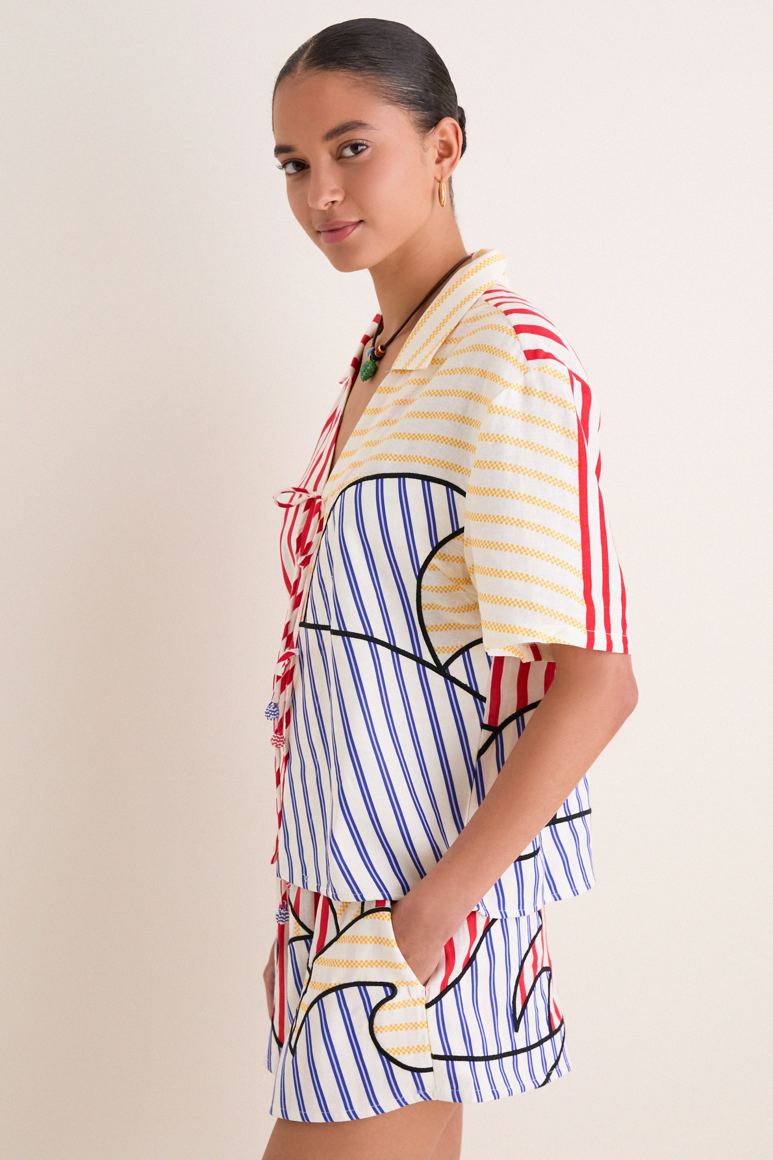Navy Stripes Off-White Tie Front Blouse
