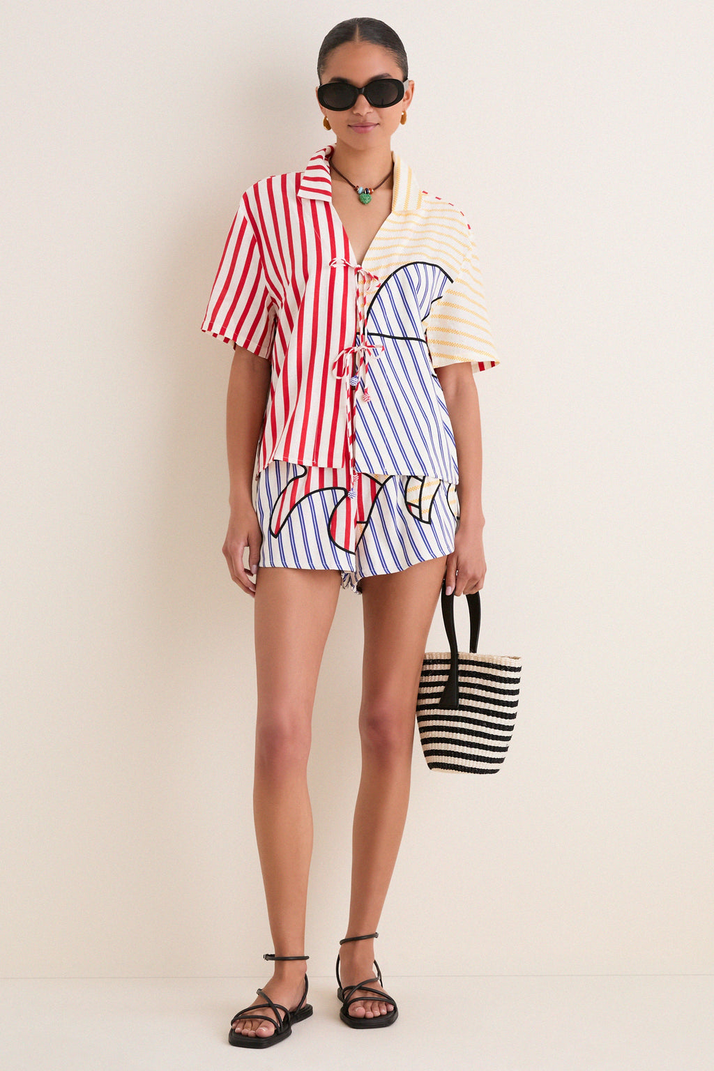 Navy Stripes Off-White Tie Front Blouse