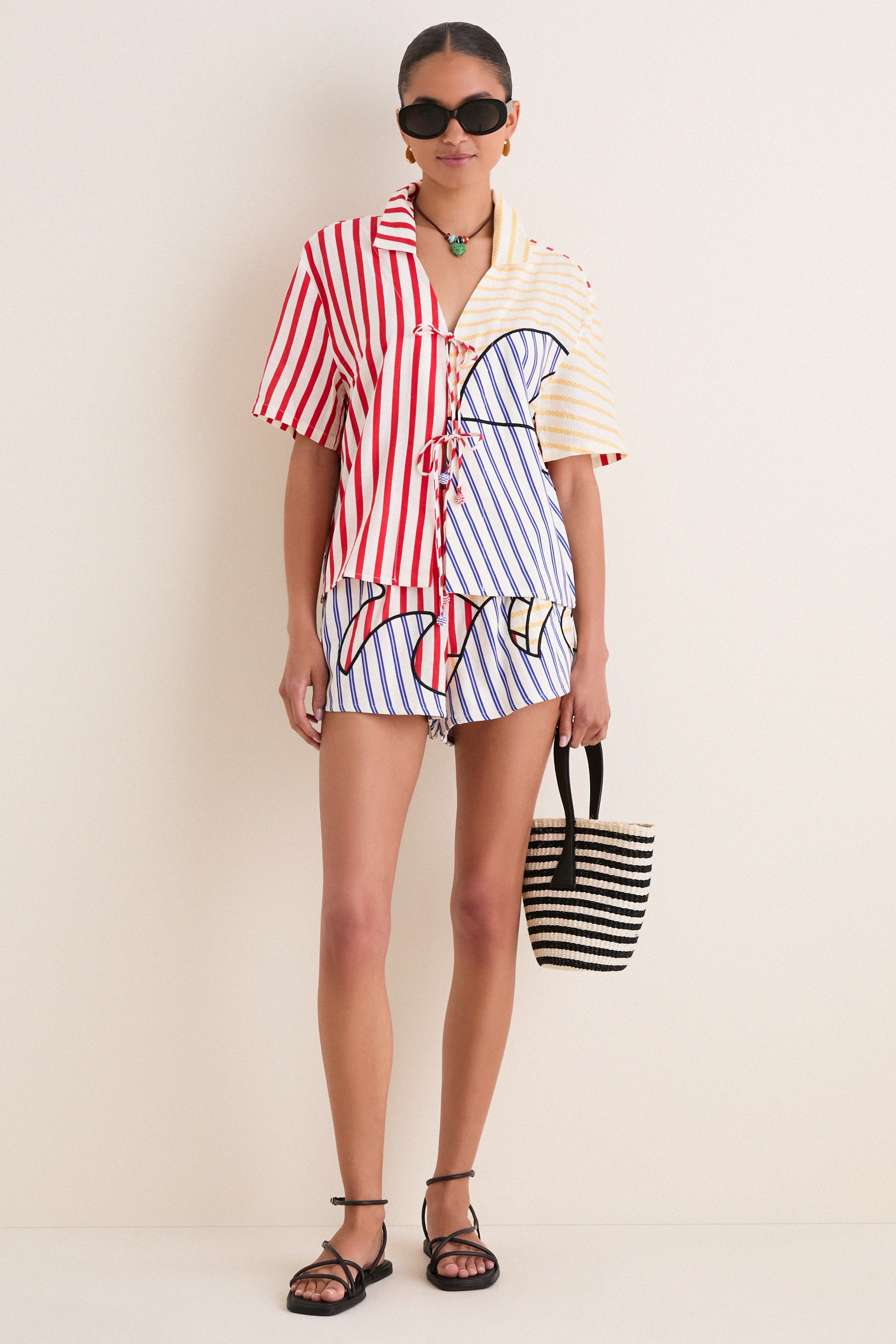 Navy Stripes Off-White Tie Front Blouse