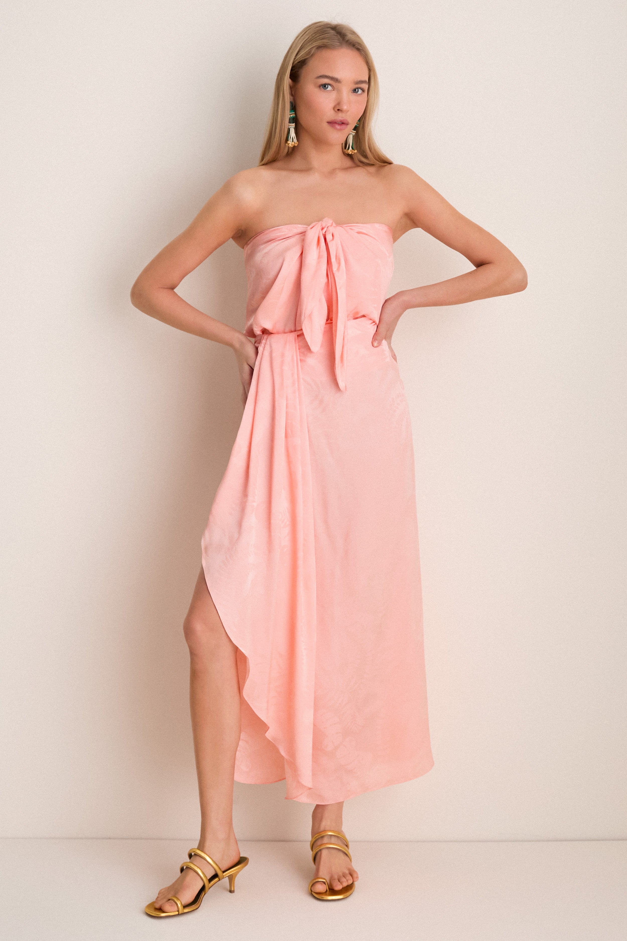 Peach Myanmar Silk Jacquard Midi Skirt