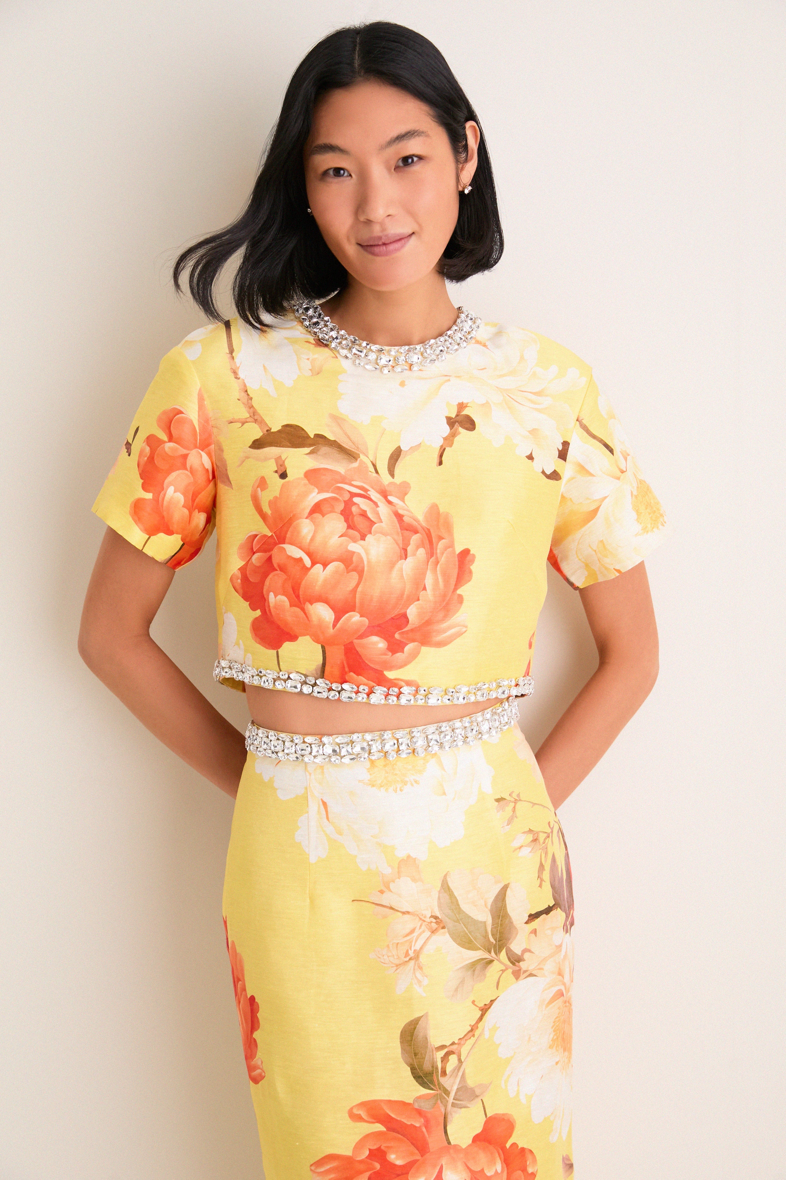 Yellow Peony Print Indie Embellished Sleeve Top