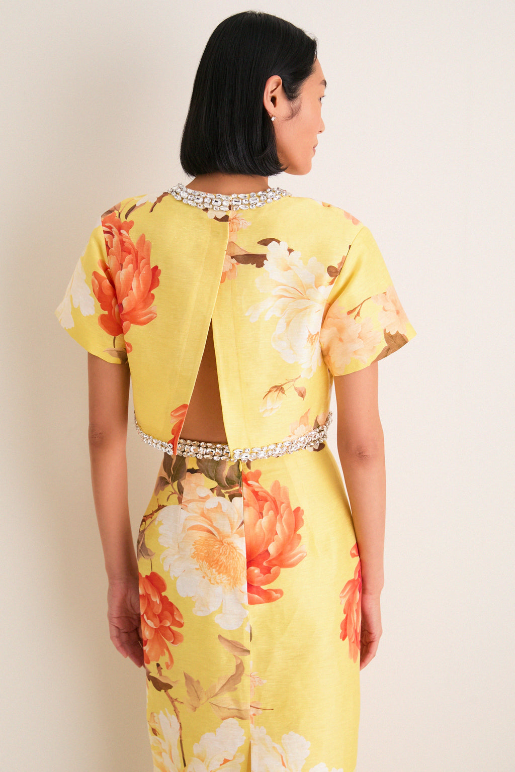 Yellow Peony Print Indie Embellished Sleeve Top