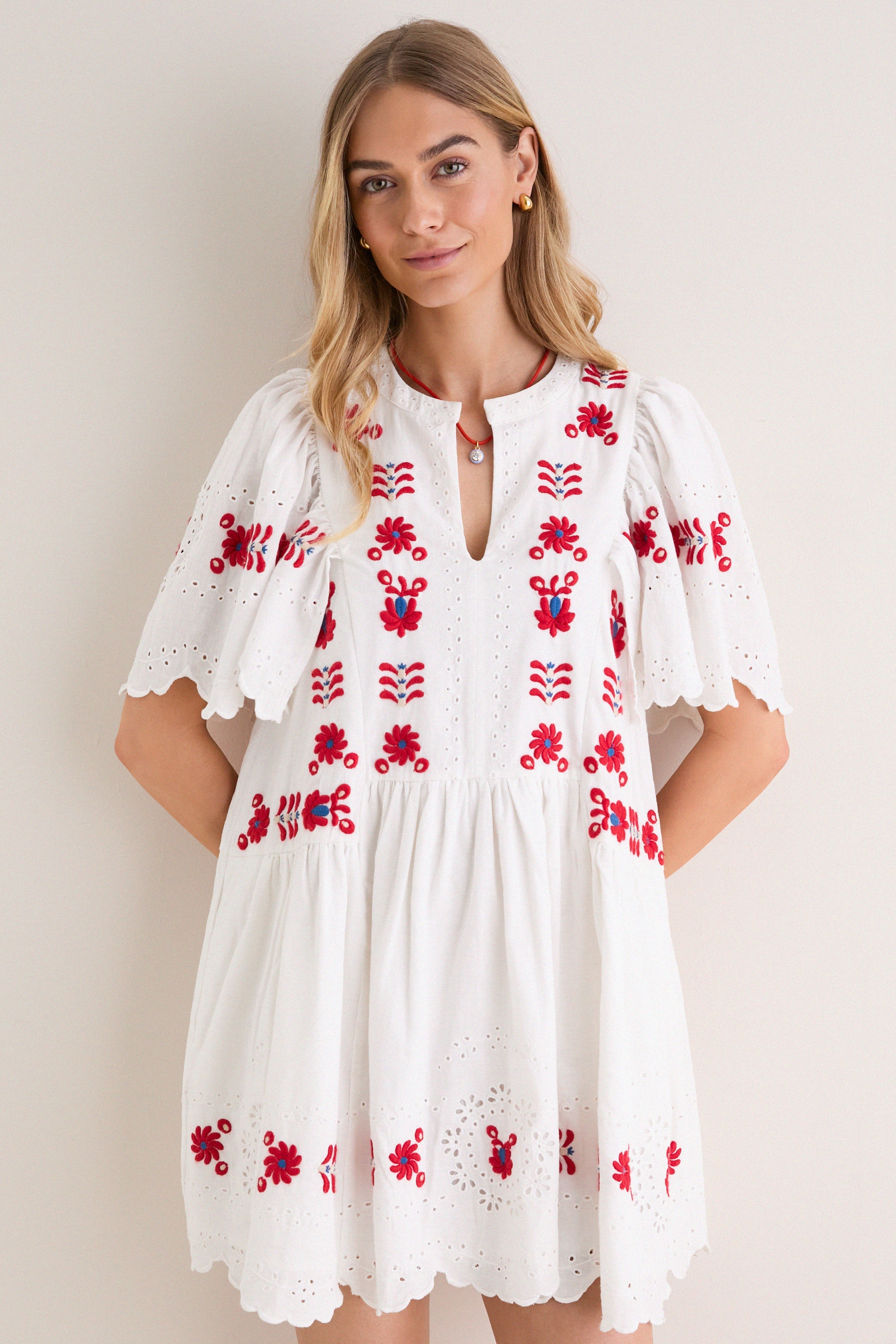 Cream Catharina Embroidery Mini Dress