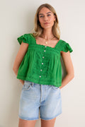 Green Eliza Solid Flutter Sleeve Top