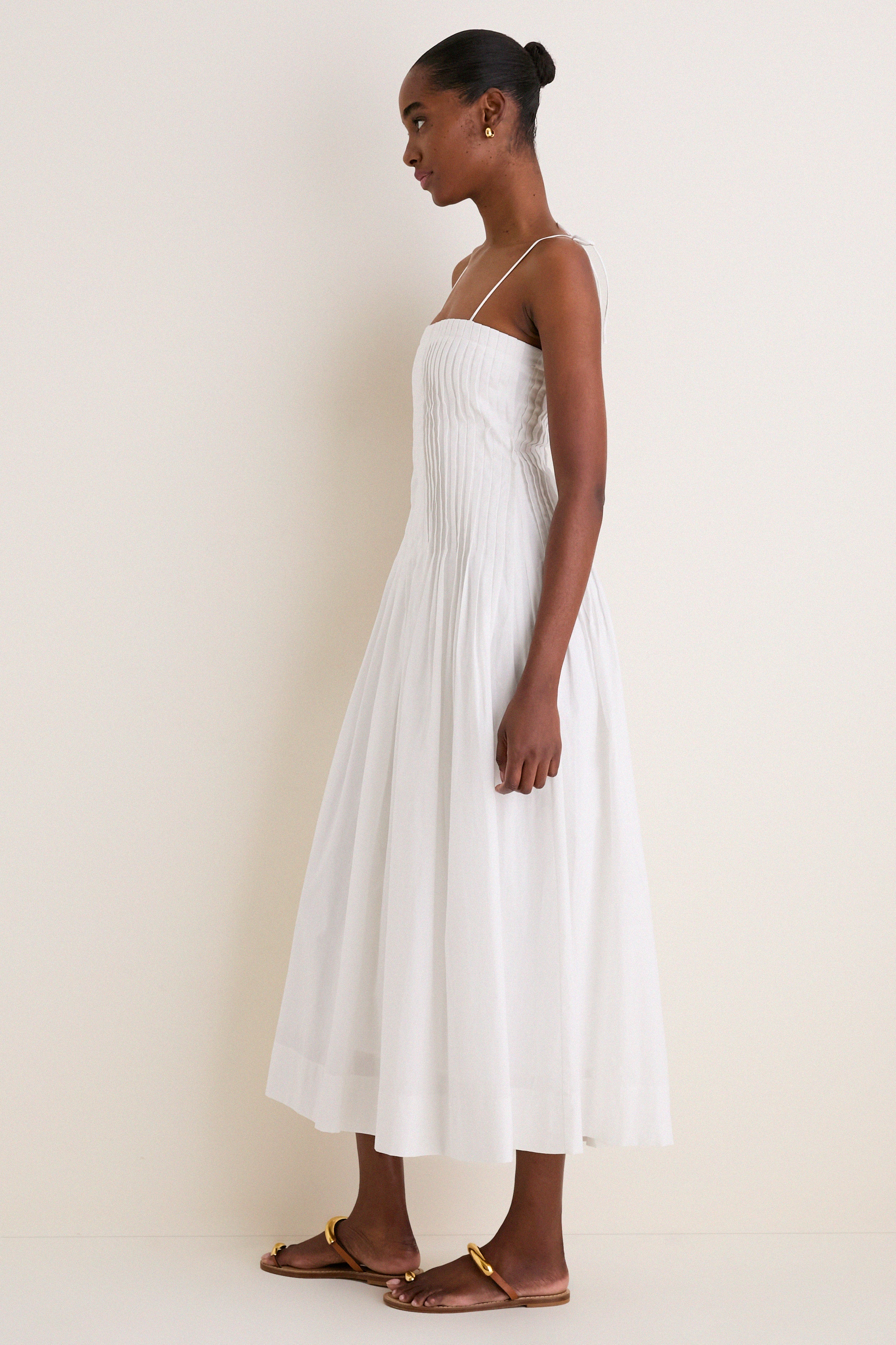 Off White Pleated Front Detail Midi Dress