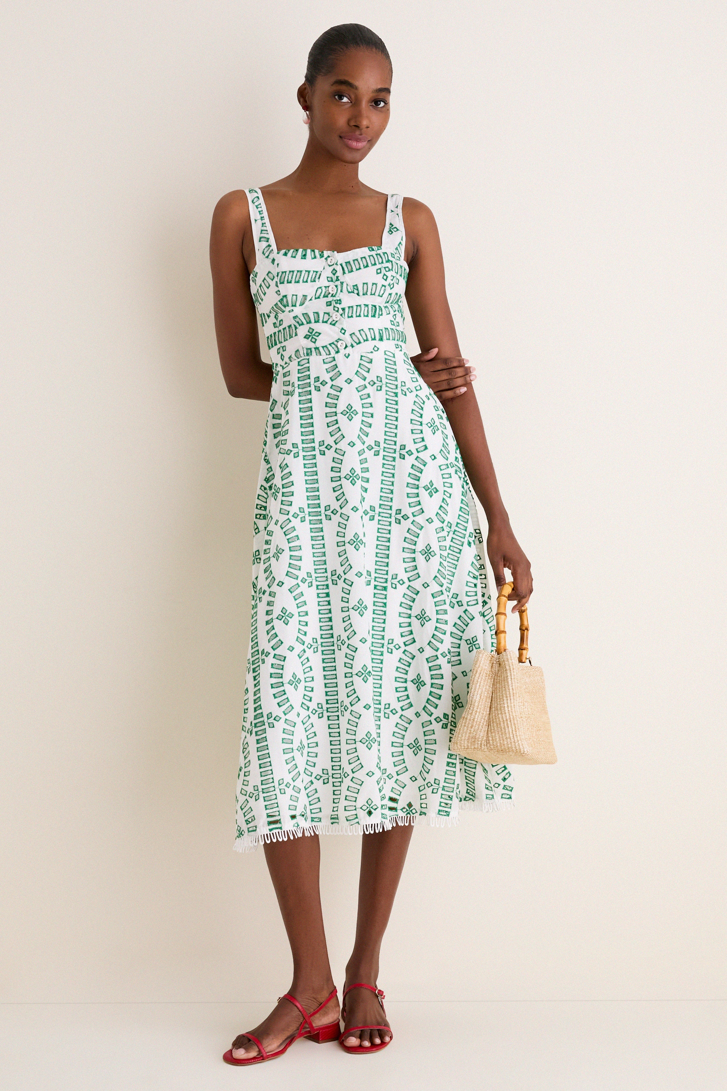 Green Multi Embroidered Detail Midi Dress