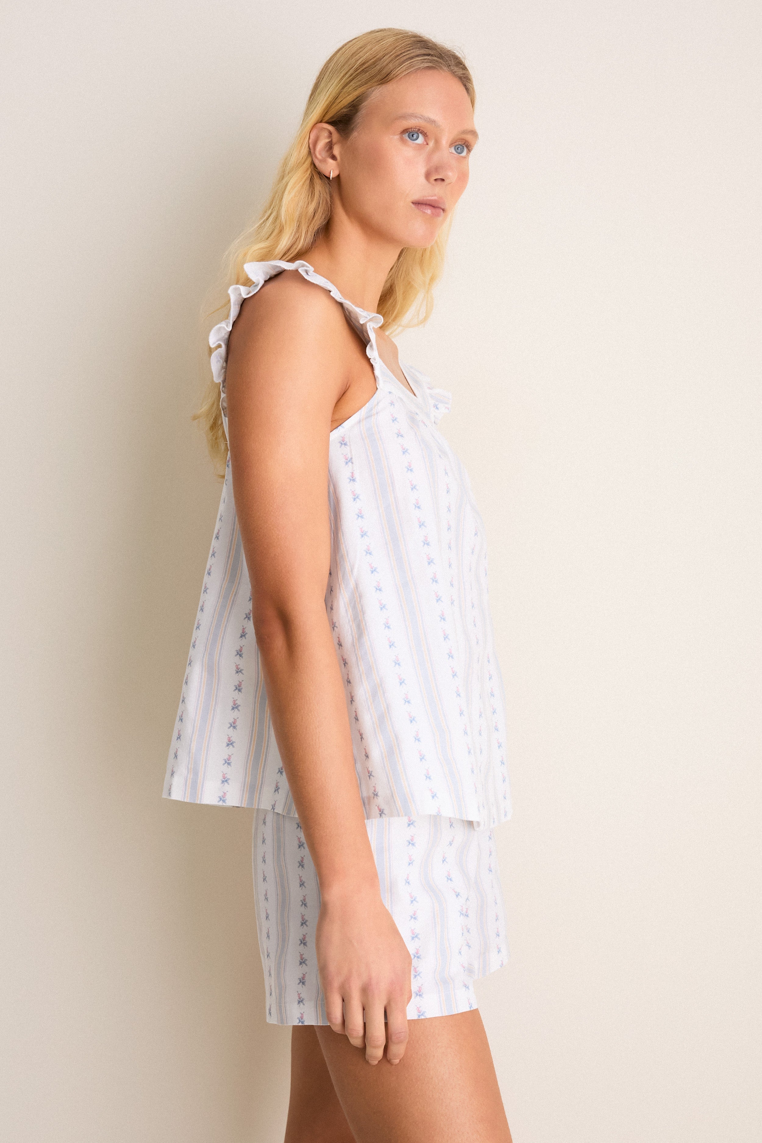 White Cottage Stripe Woven Twill Clara Short Set