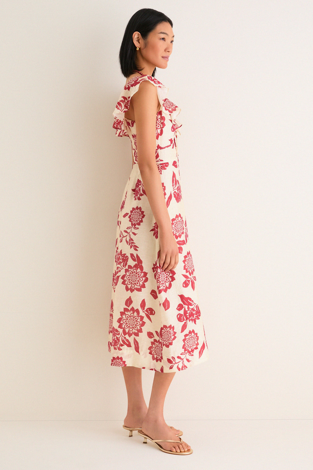 Cream and Red Jacqueline Flutter Sleeve Midi Dress