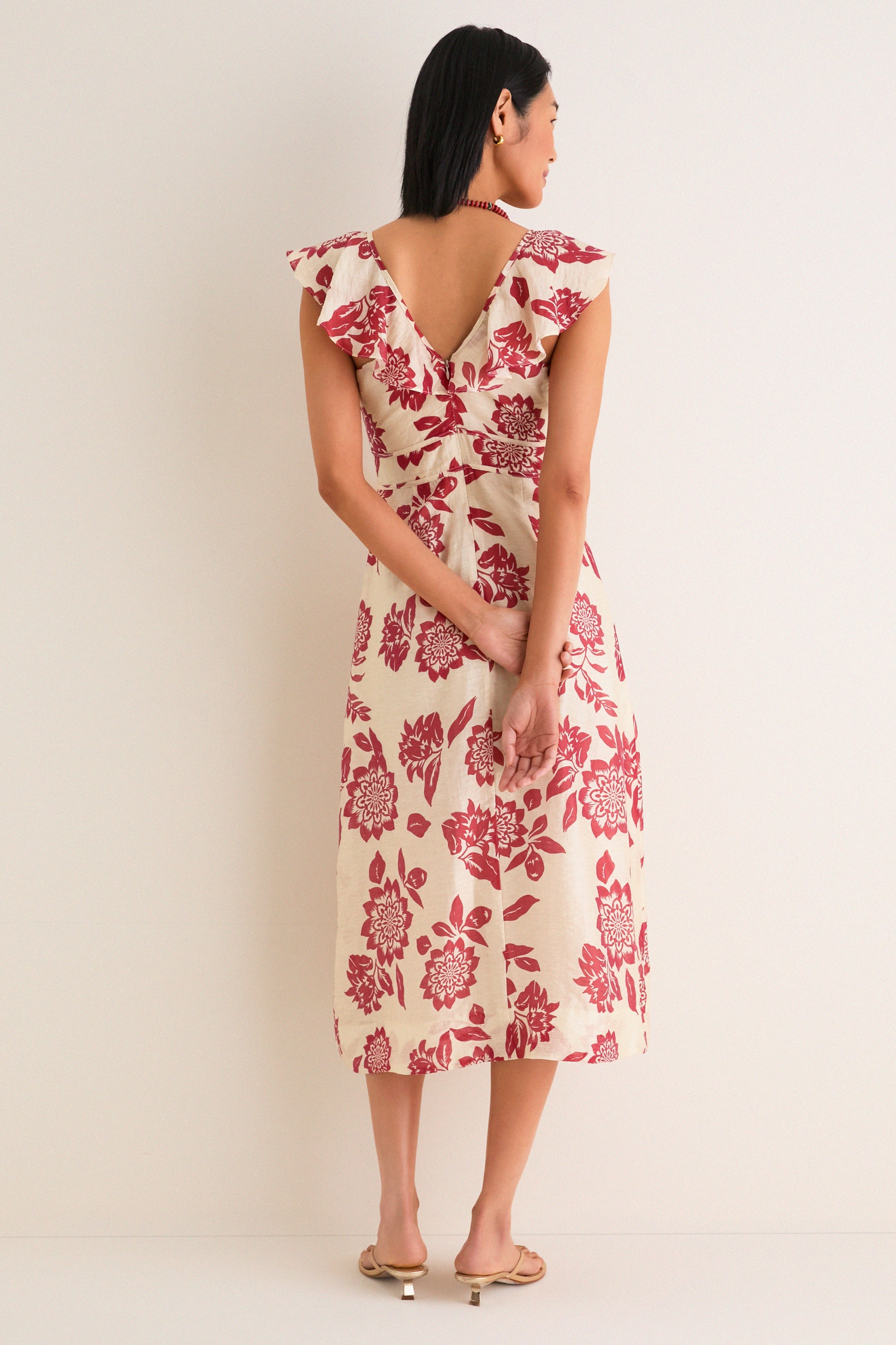 Cream and Red Jacqueline Flutter Sleeve Midi Dress