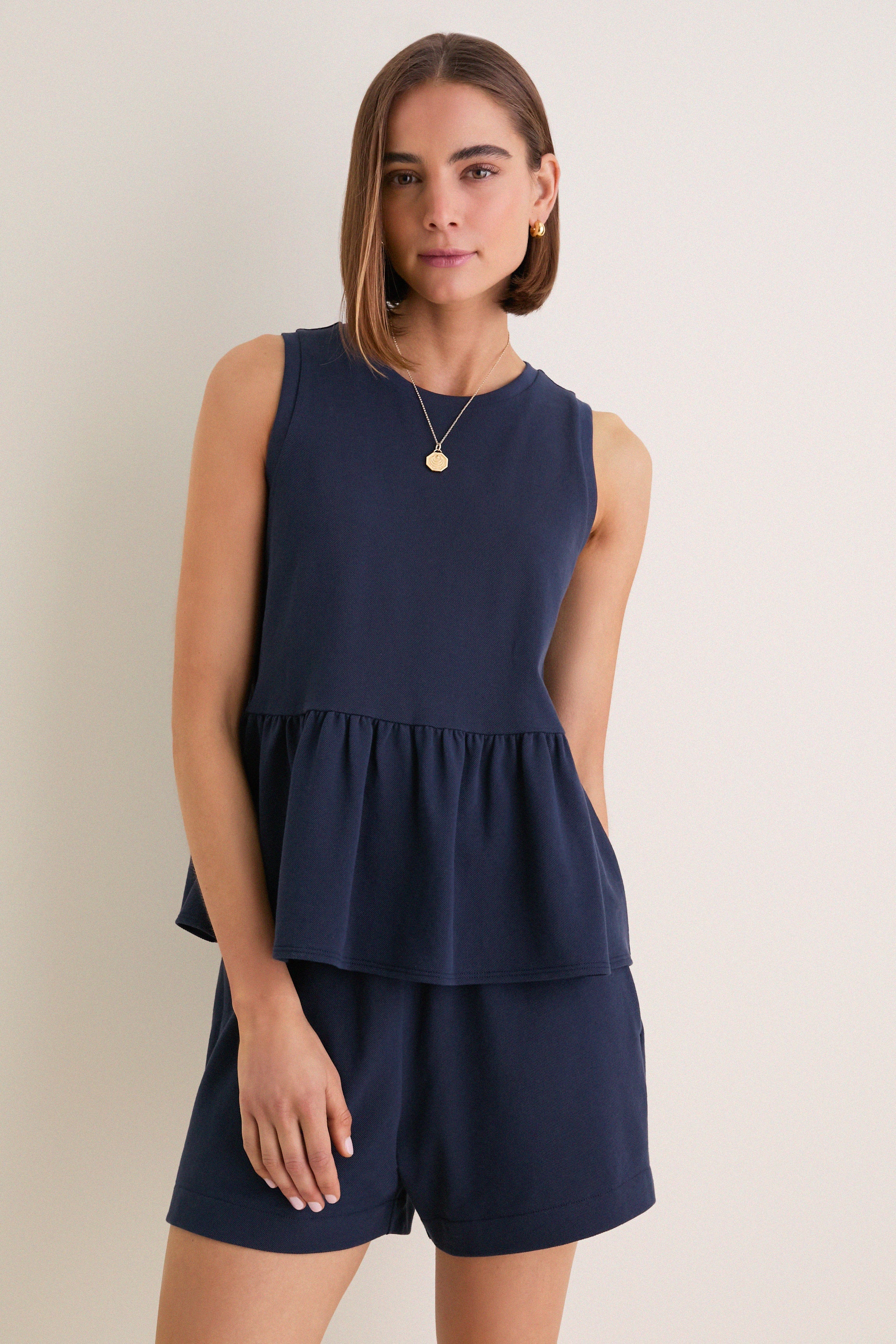 Navy Pique Mercer Peplum Top