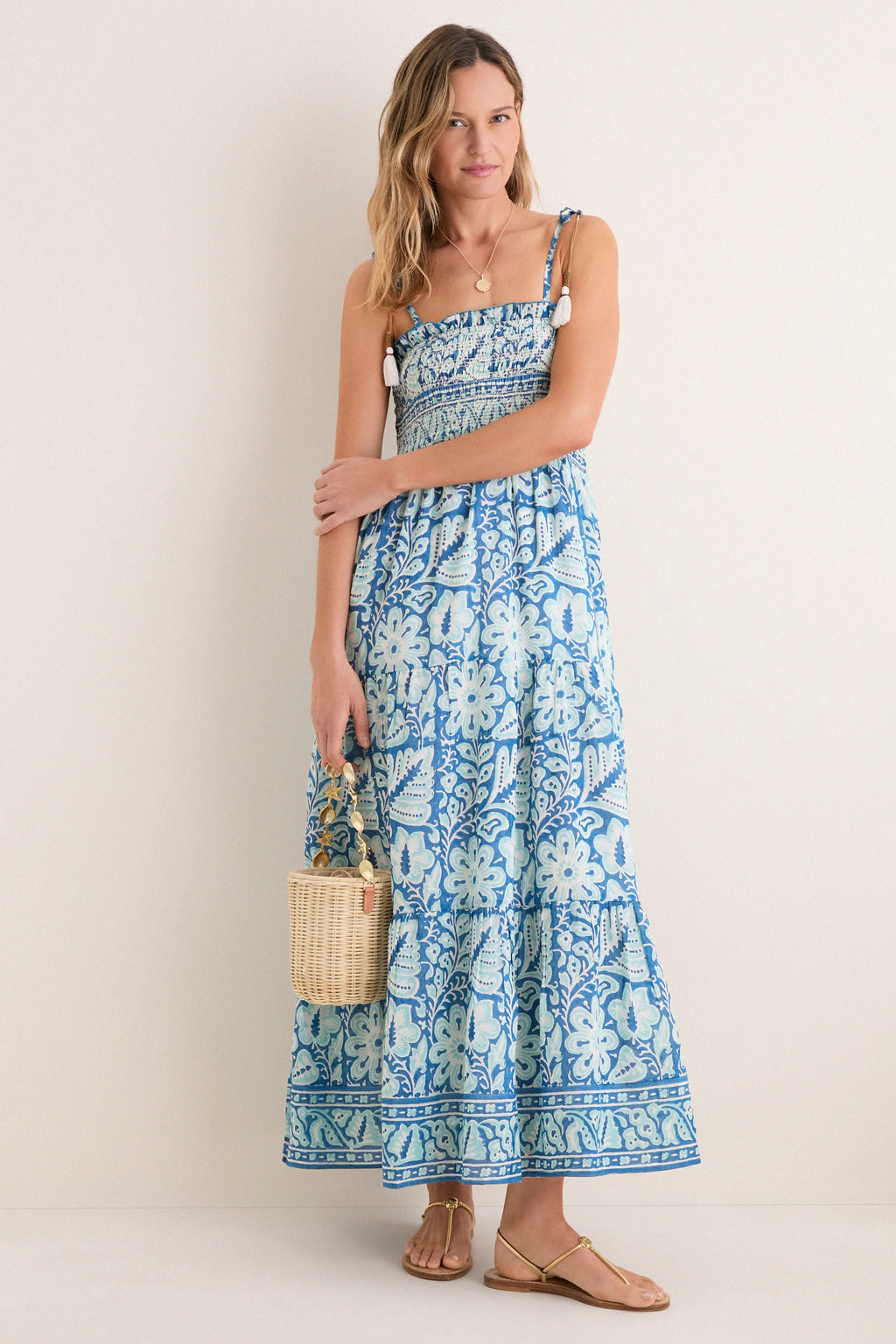 Turquoise Floral Smocked Maxi Dress