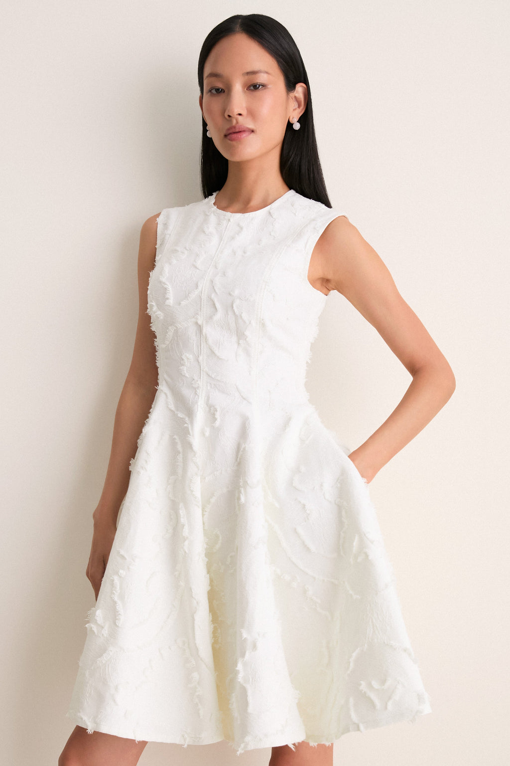 Ivory Textured Denim Fit And Flare Short Dress