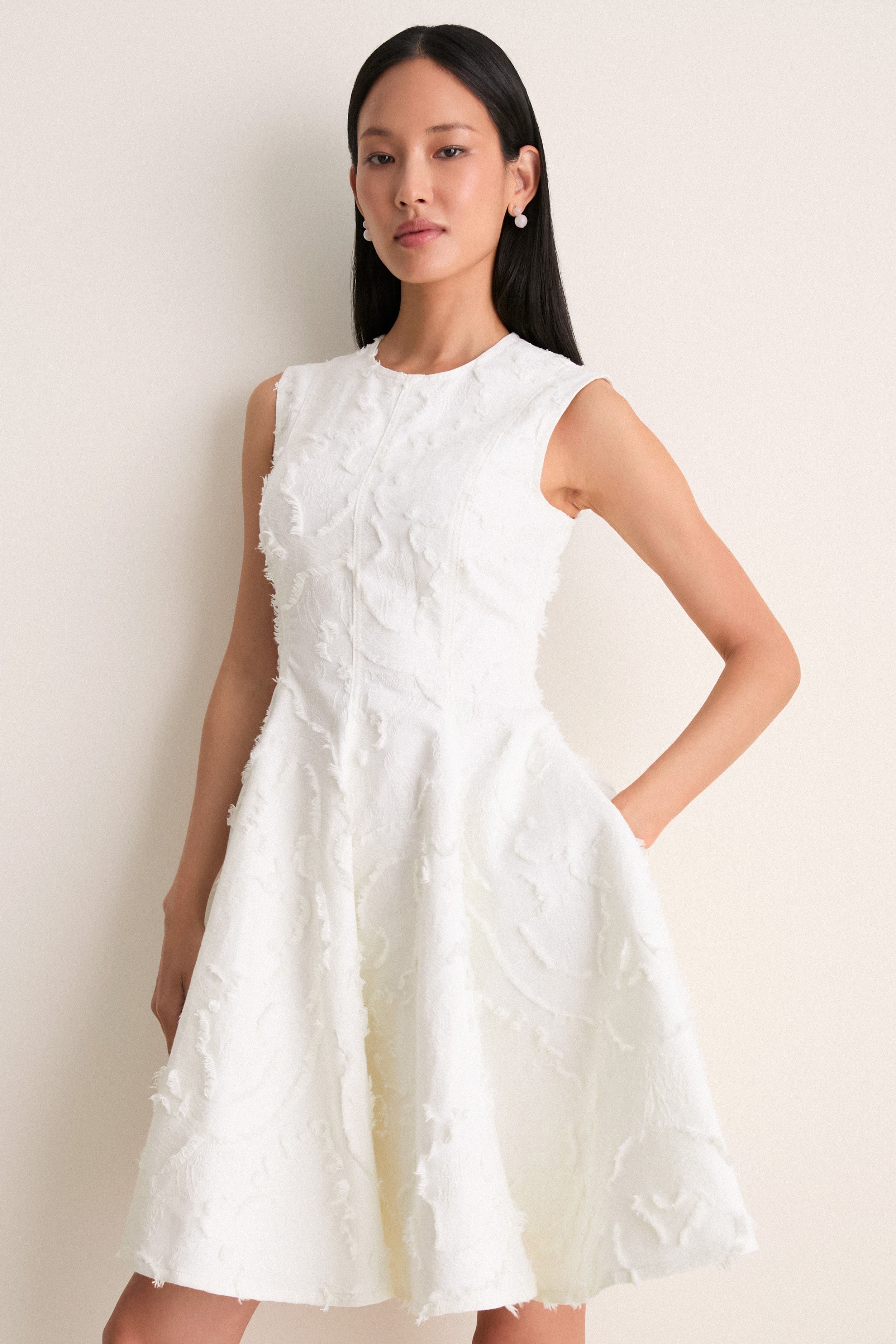 Ivory Textured Denim Fit And Flare Short Dress