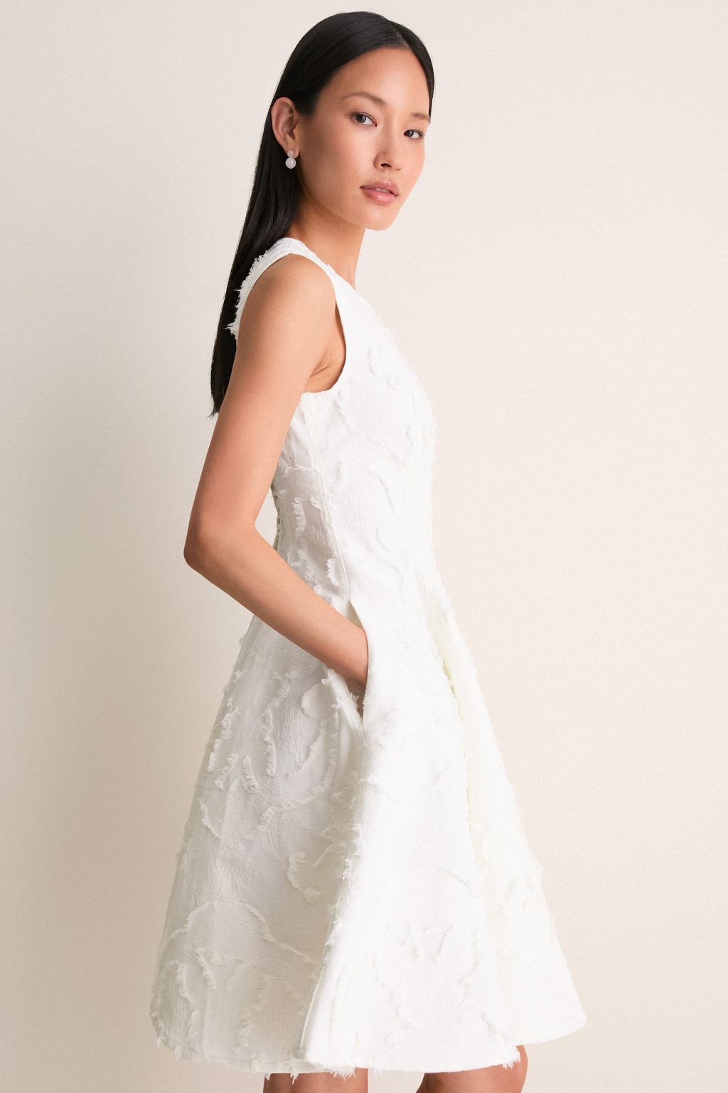 Ivory Textured Denim Fit And Flare Short Dress