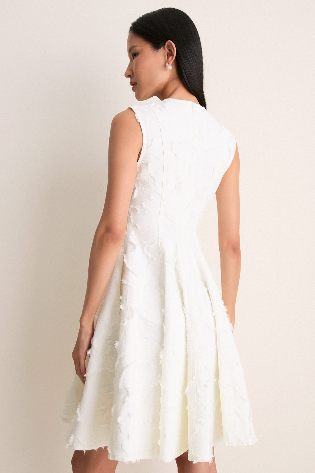 Ivory Textured Denim Fit And Flare Short Dress