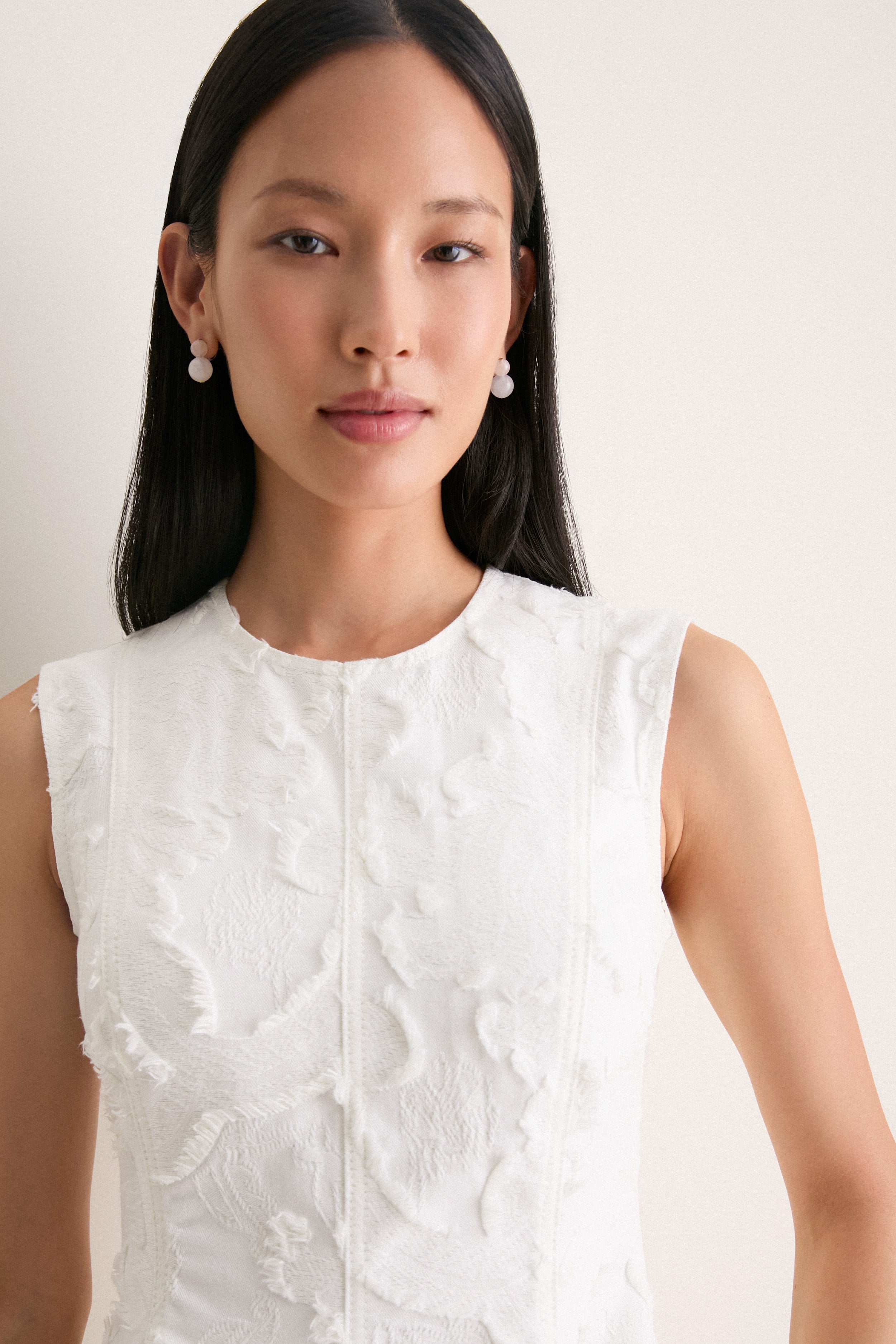 Ivory Textured Denim Fit And Flare Short Dress