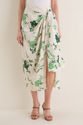 French Chintz Bottle Green Floral Print Linen Drape Midi Skirt