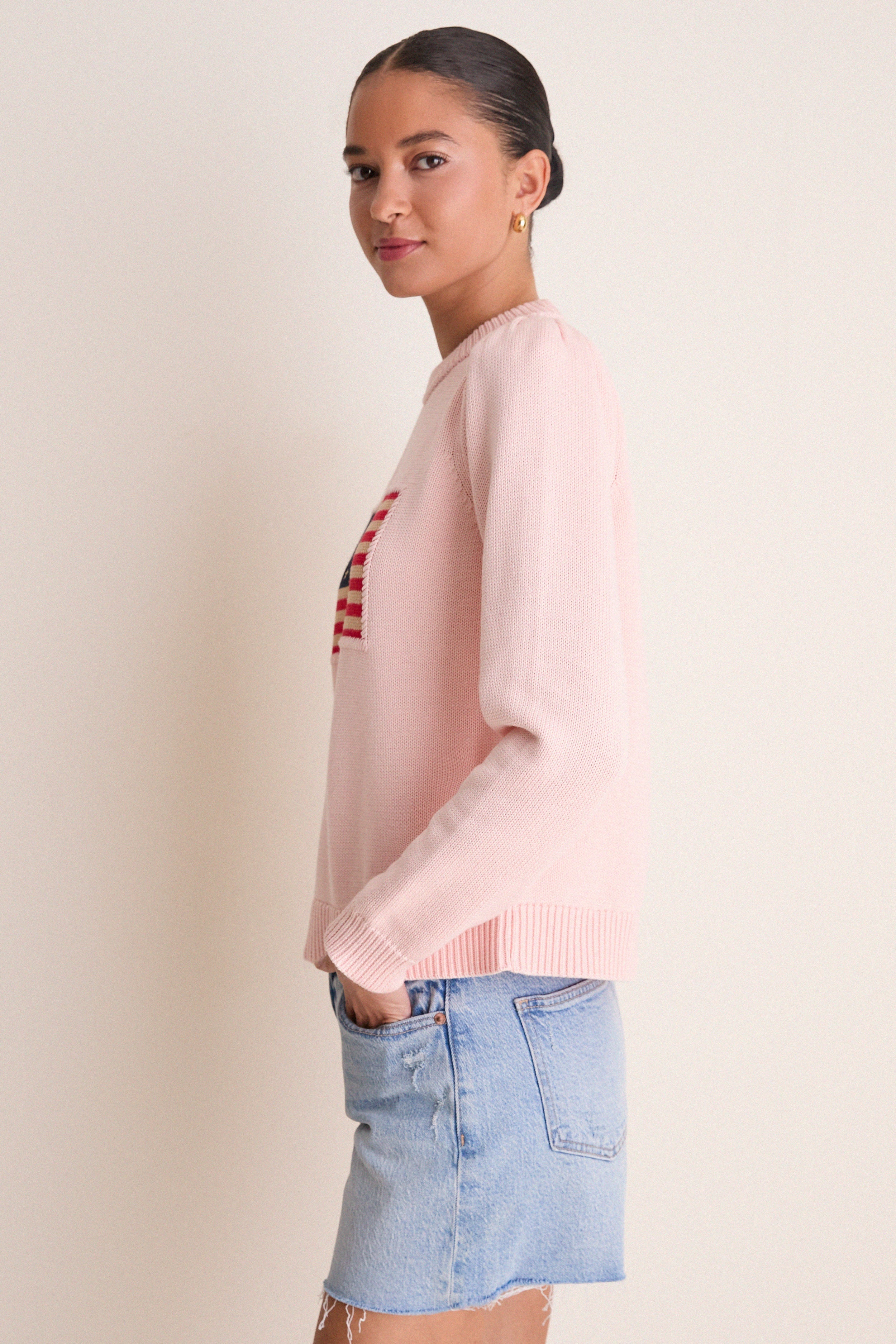 Light Pink Cropped Cotton Puff Sleeve Americana Sweater