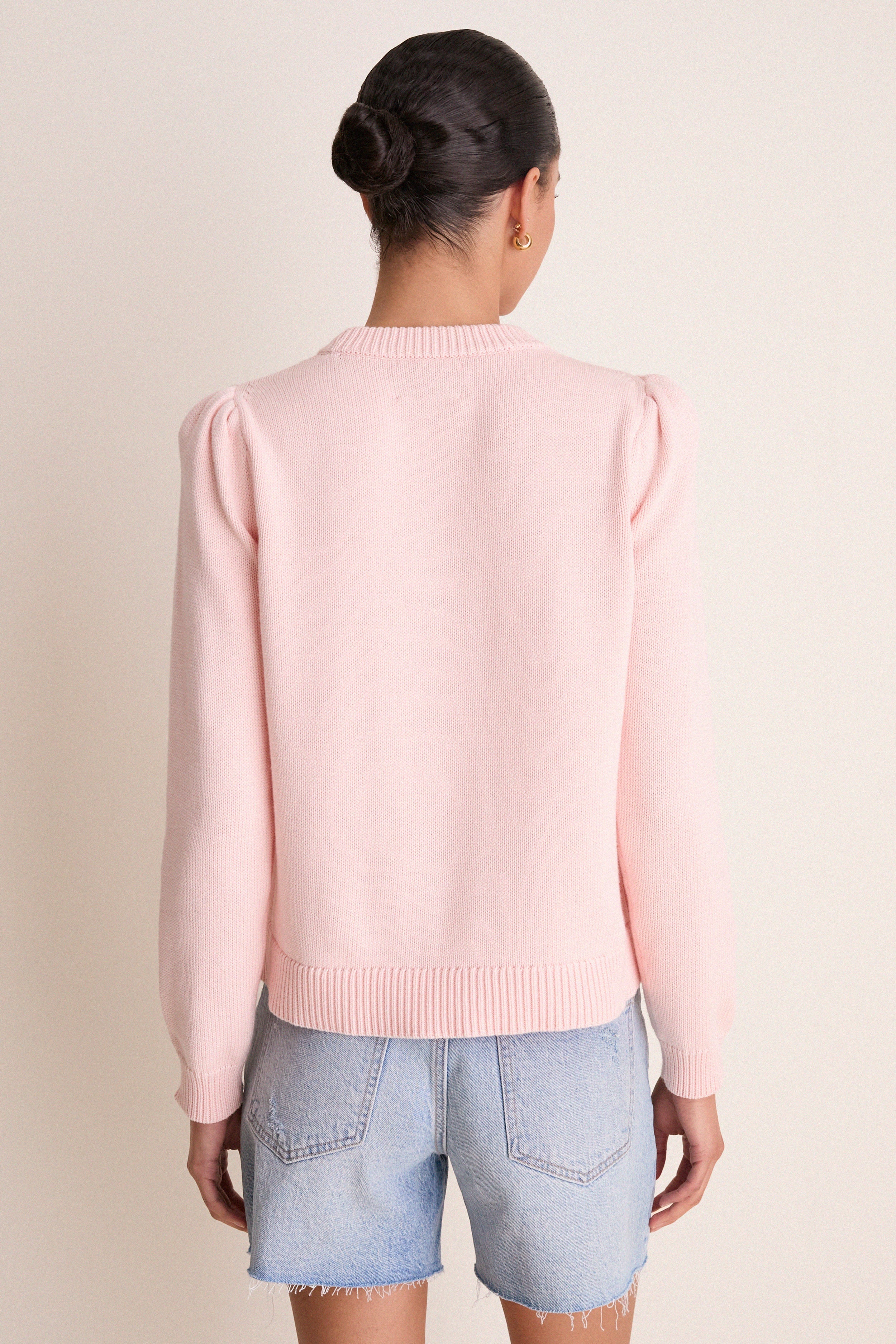 Light Pink Cropped Cotton Puff Sleeve Americana Sweater