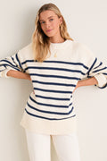 Ivory and Navy Stripe Cotton Genevieve Crewneck Sweater