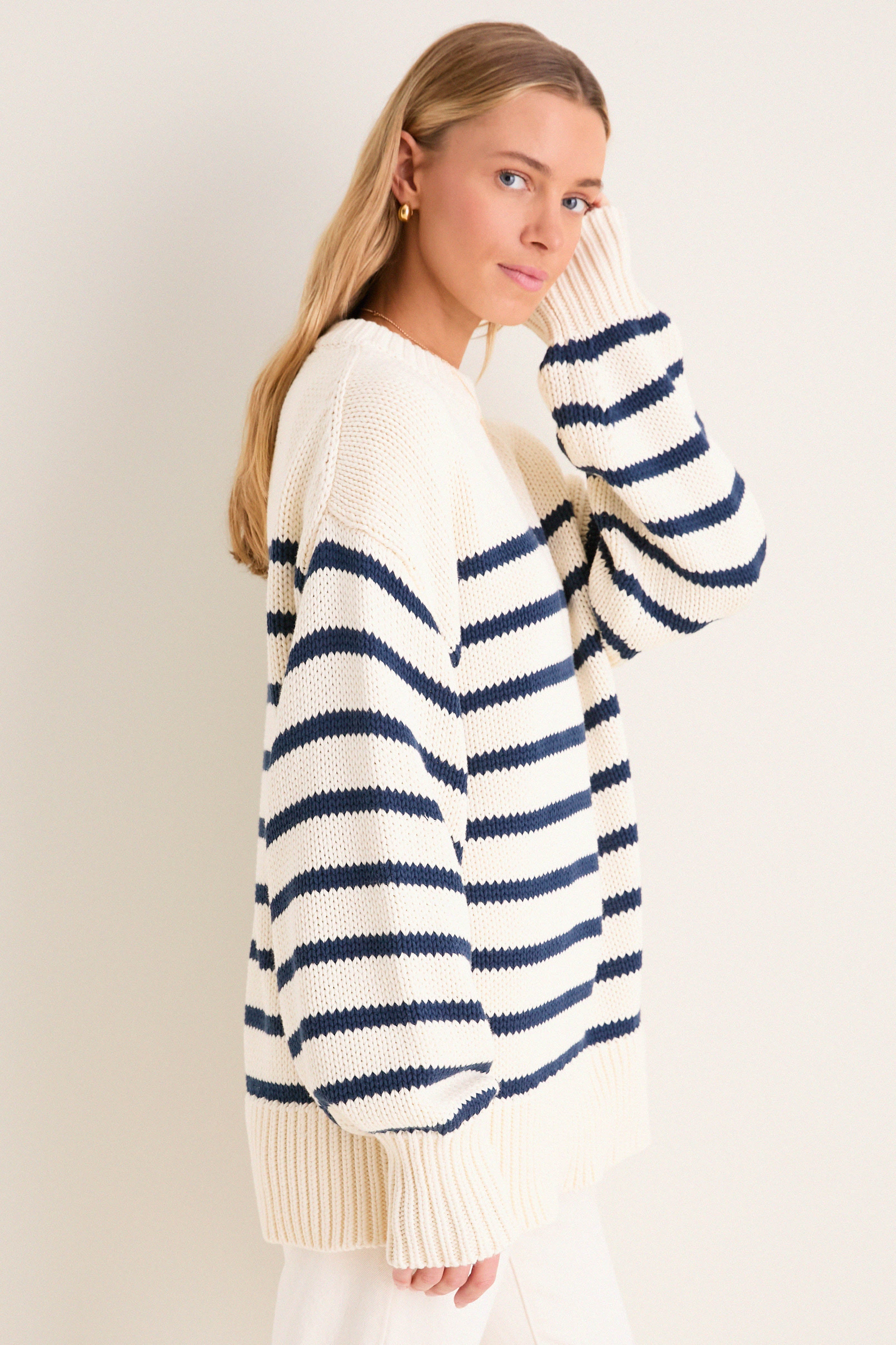 Ivory and Navy Stripe Cotton Genevieve Crewneck Sweater