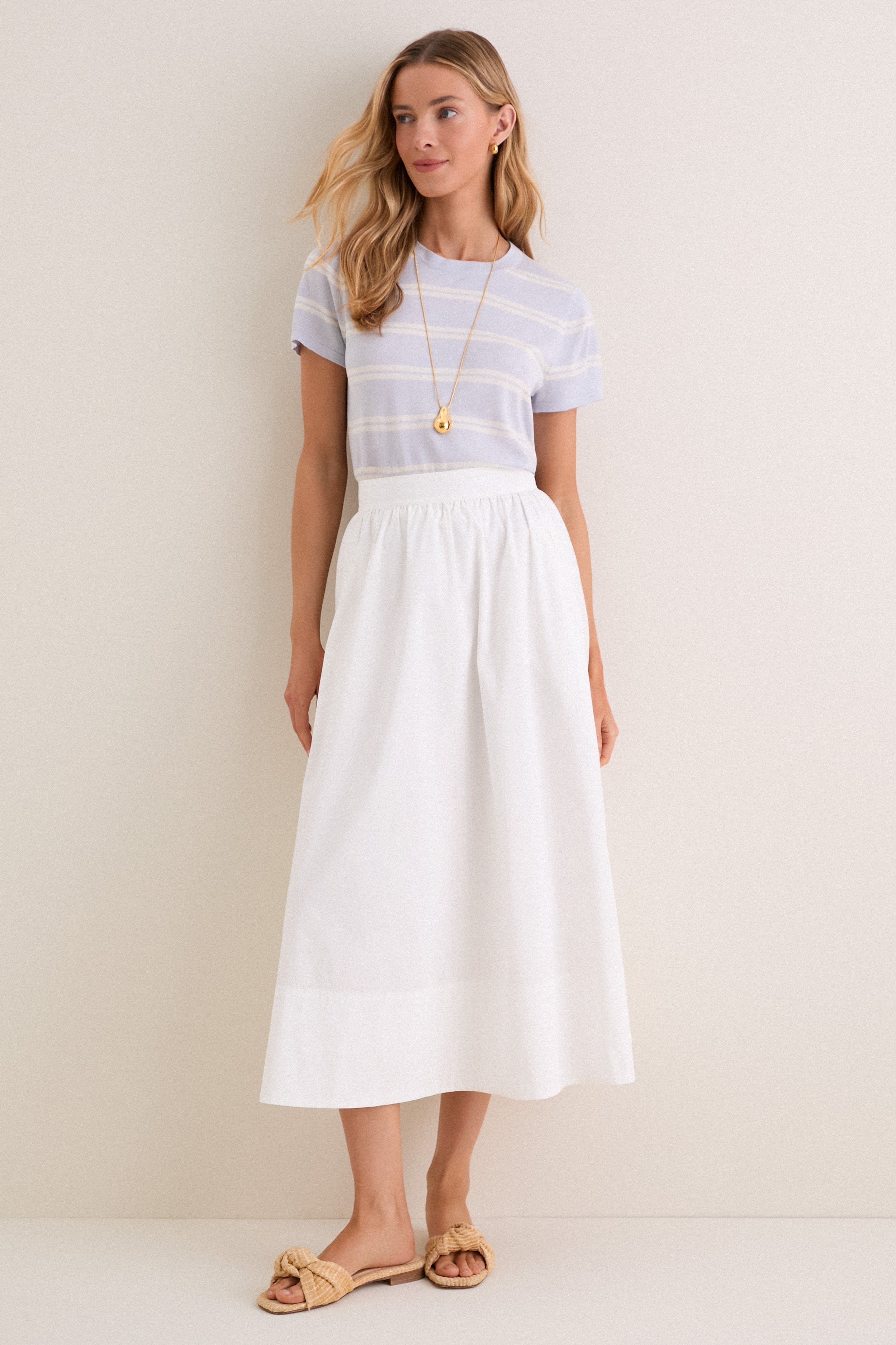 Blue and Ivory Stripe Cashmere Silk Katie Tee