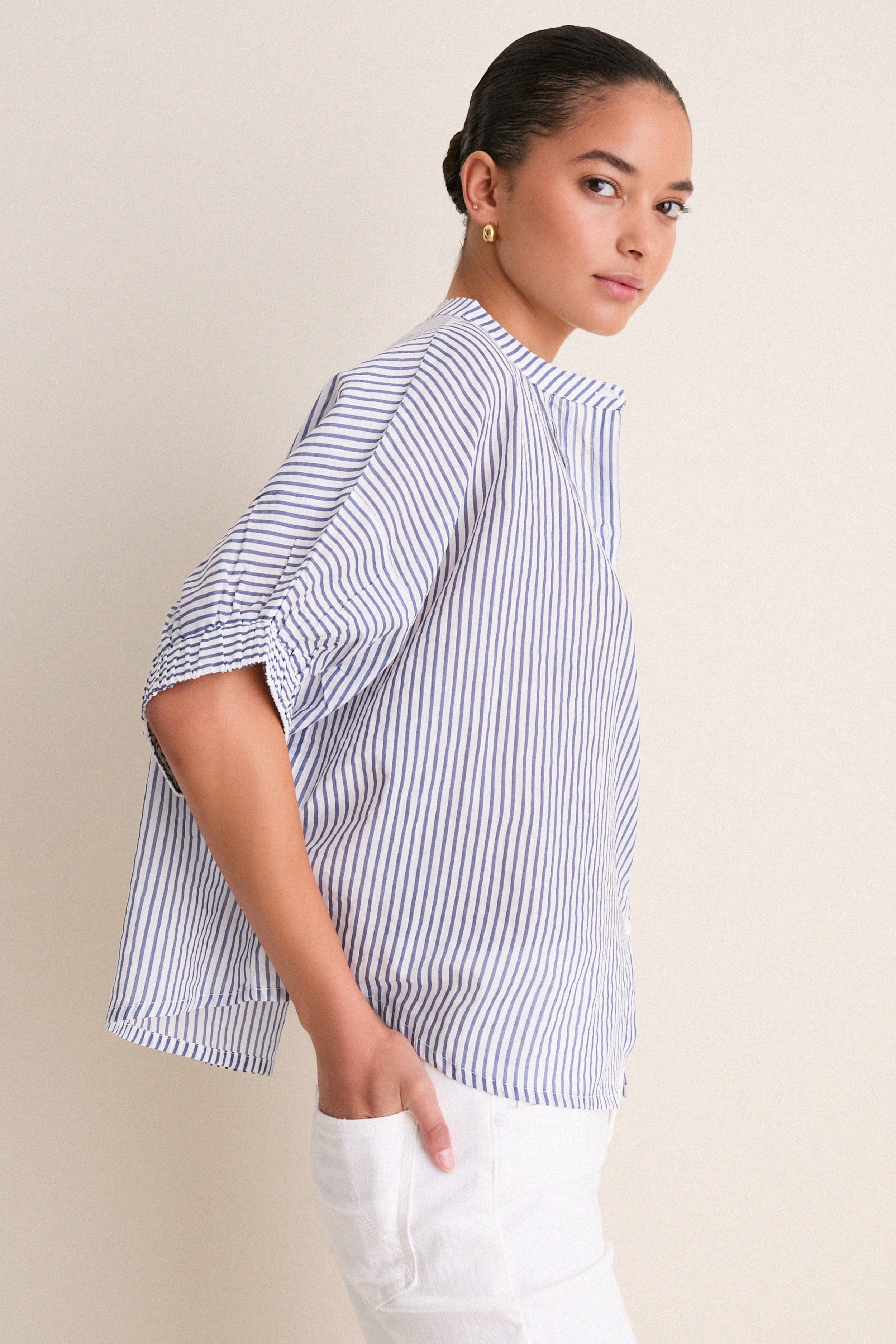 Indigo Stripe Organic Mandarin Collar Top