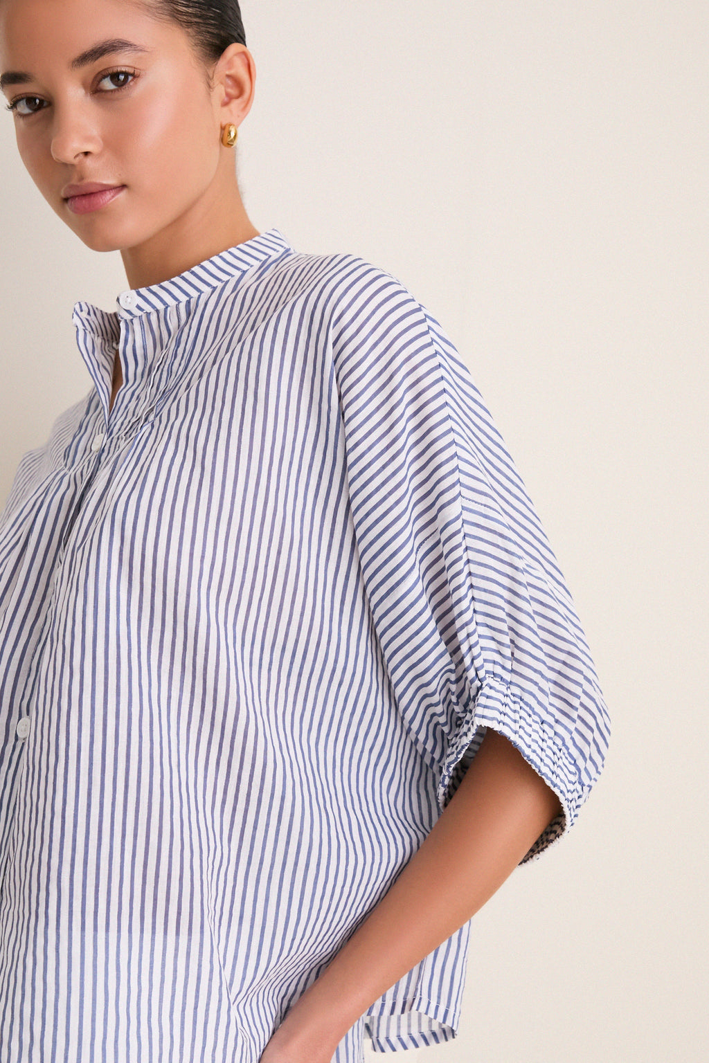 Indigo Stripe Organic Mandarin Collar Top