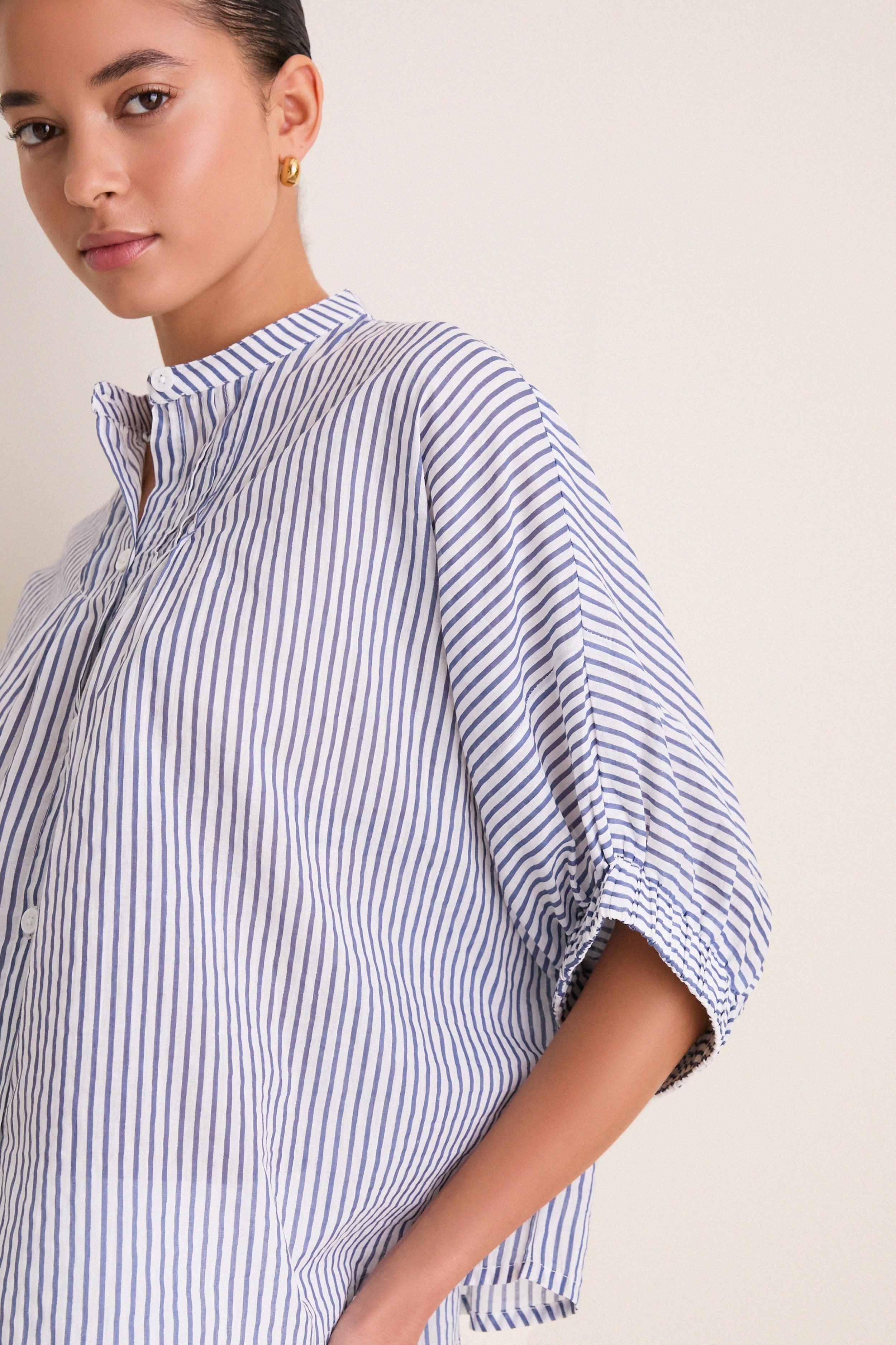 Indigo Stripe Organic Mandarin Collar Top